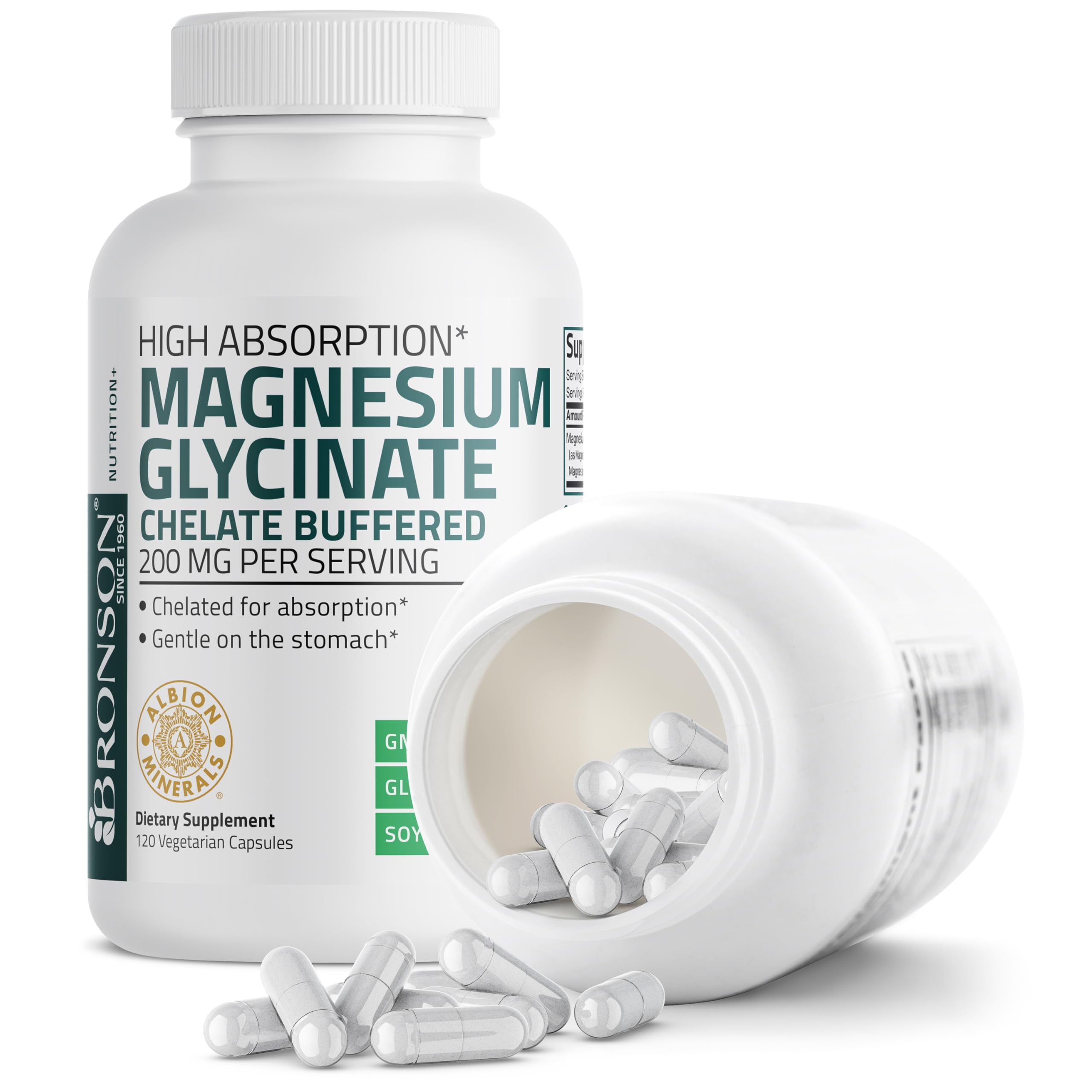 Bronson Magnesium Glycinate 200 mg – Chelated for High Absorption, Gentle on Stomach | Non-GMO, 120 Vegetarian Capsules