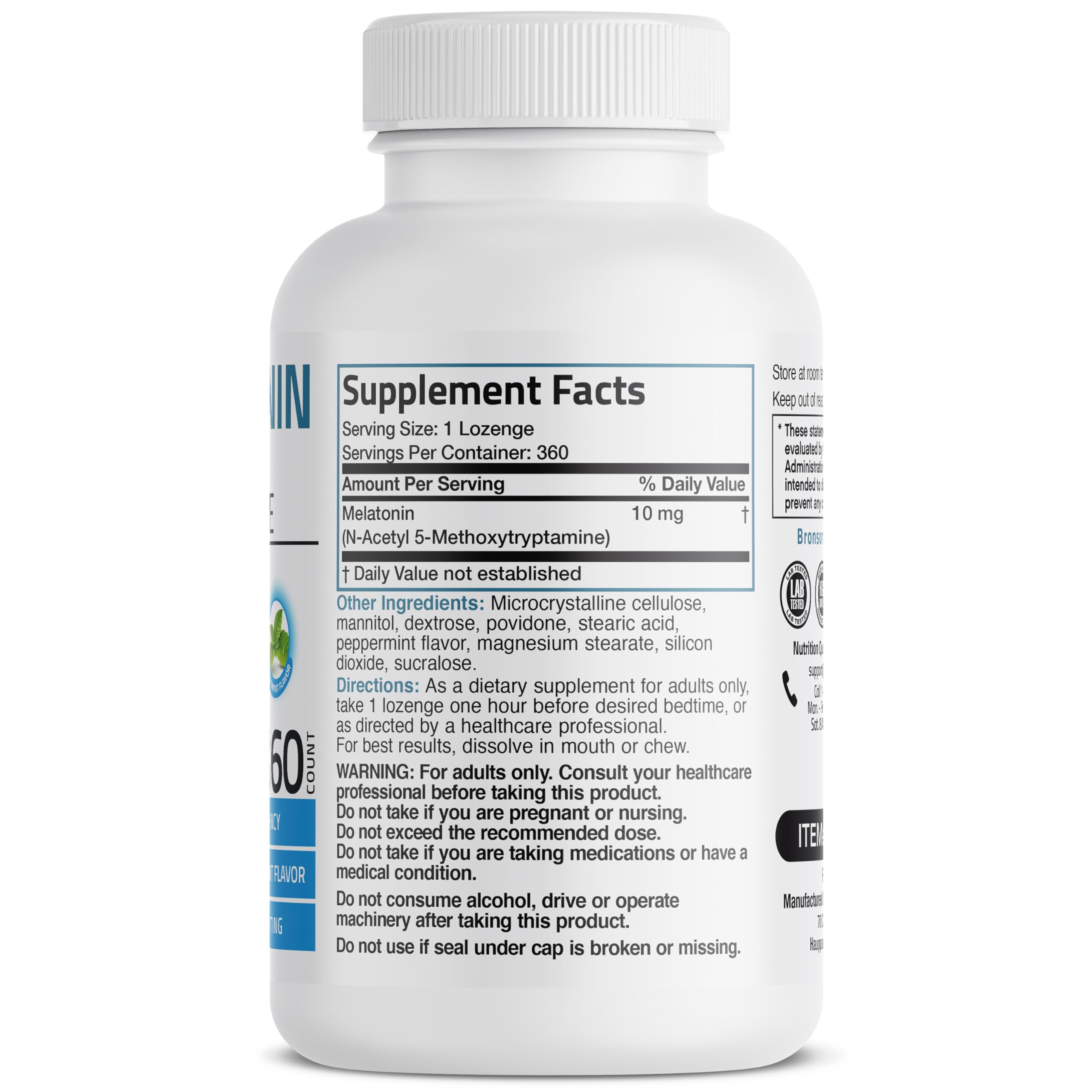 Bronson Melatonin 10 mg Fast Dissolve Peppermint Tablets – 360 Chewable Vegetarian Lozenges