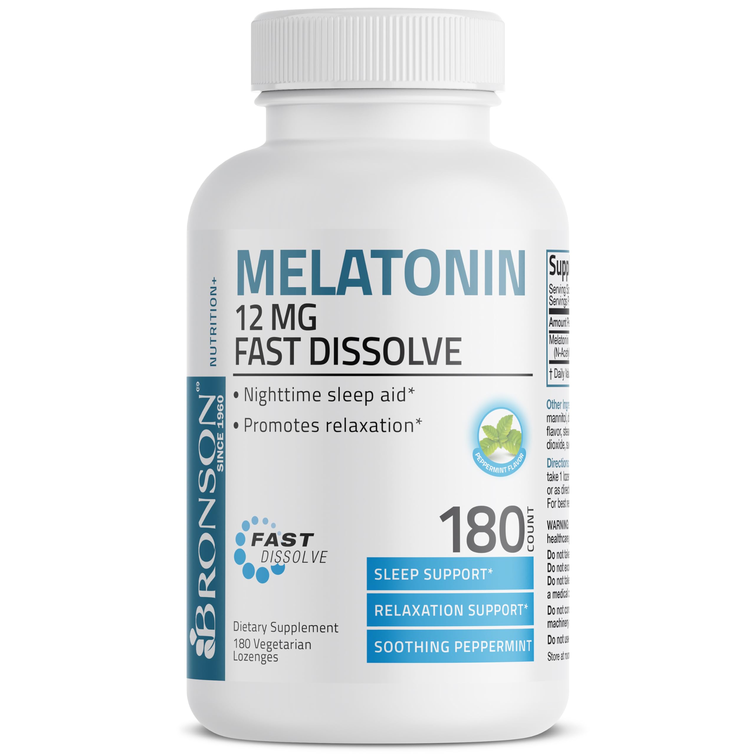 Bronson Melatonin 12mg Fast Dissolve – Nighttime Sleep Aid (180 Peppermint Lozenges)