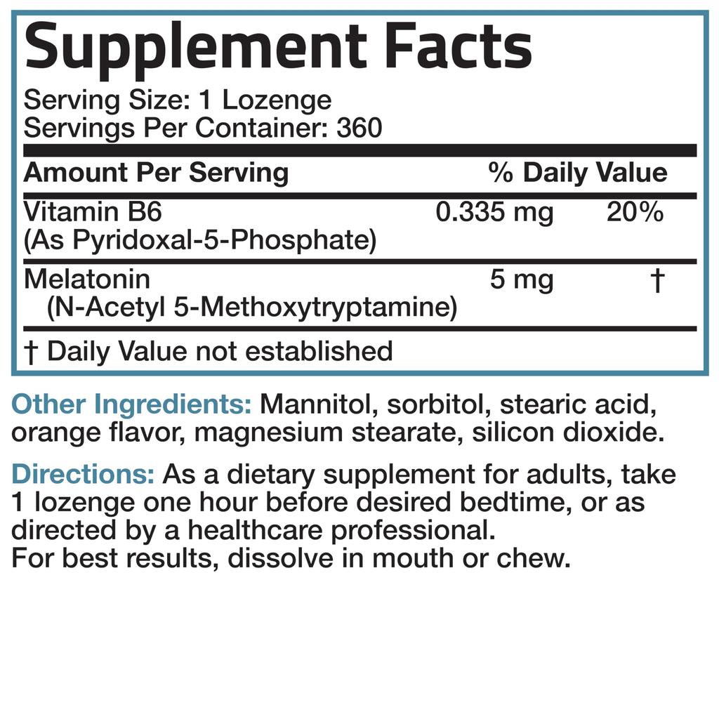 Bronson Melatonin 5mg Fast Dissolve Orange Lozenges with Vitamin B6 - 360 Vegetarian Chewables