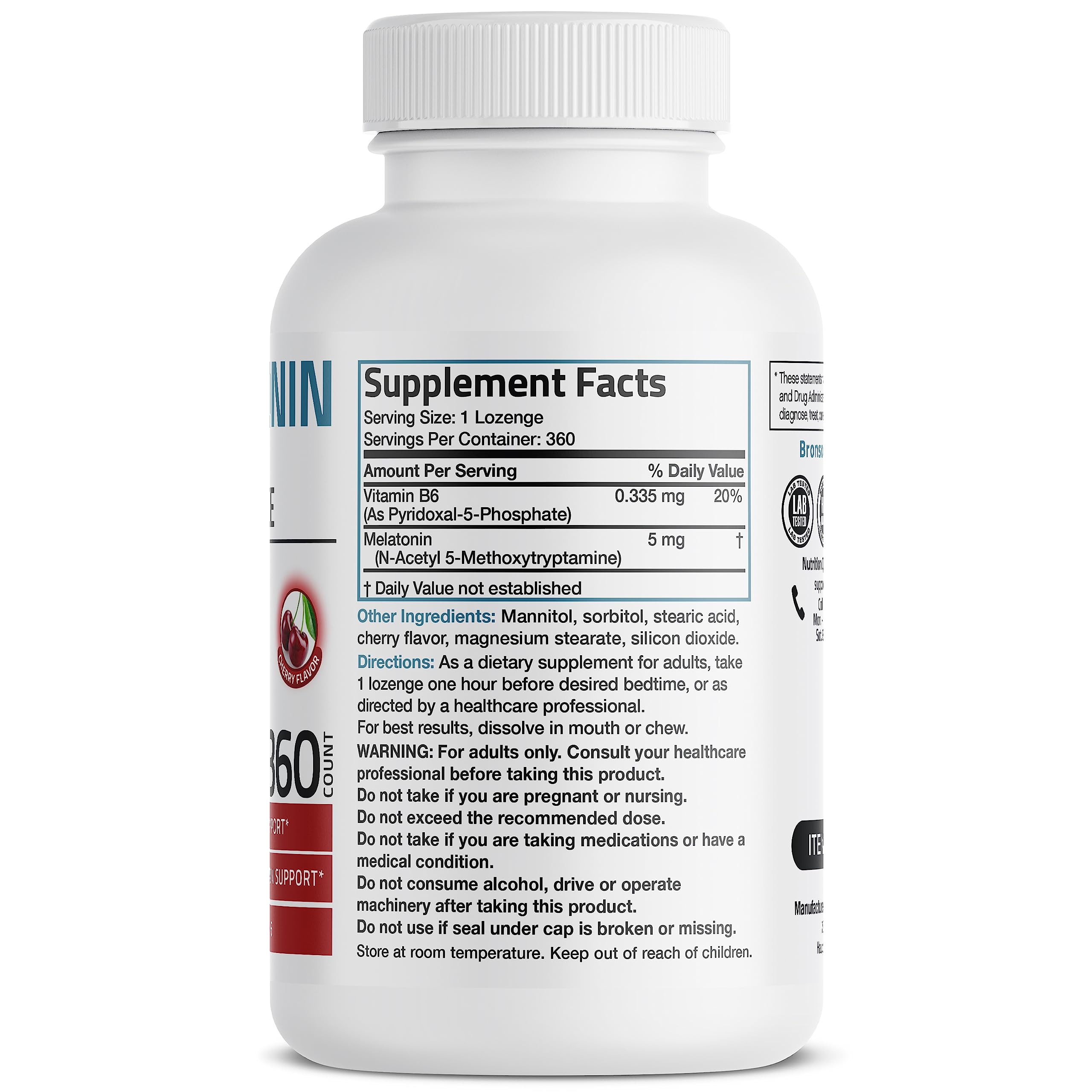 Bronson Melatonin 5mg Fast Dissolve Cherry – 360 Vegetarian Lozenges with Vitamin B6 | Nighttime Sleep Aid