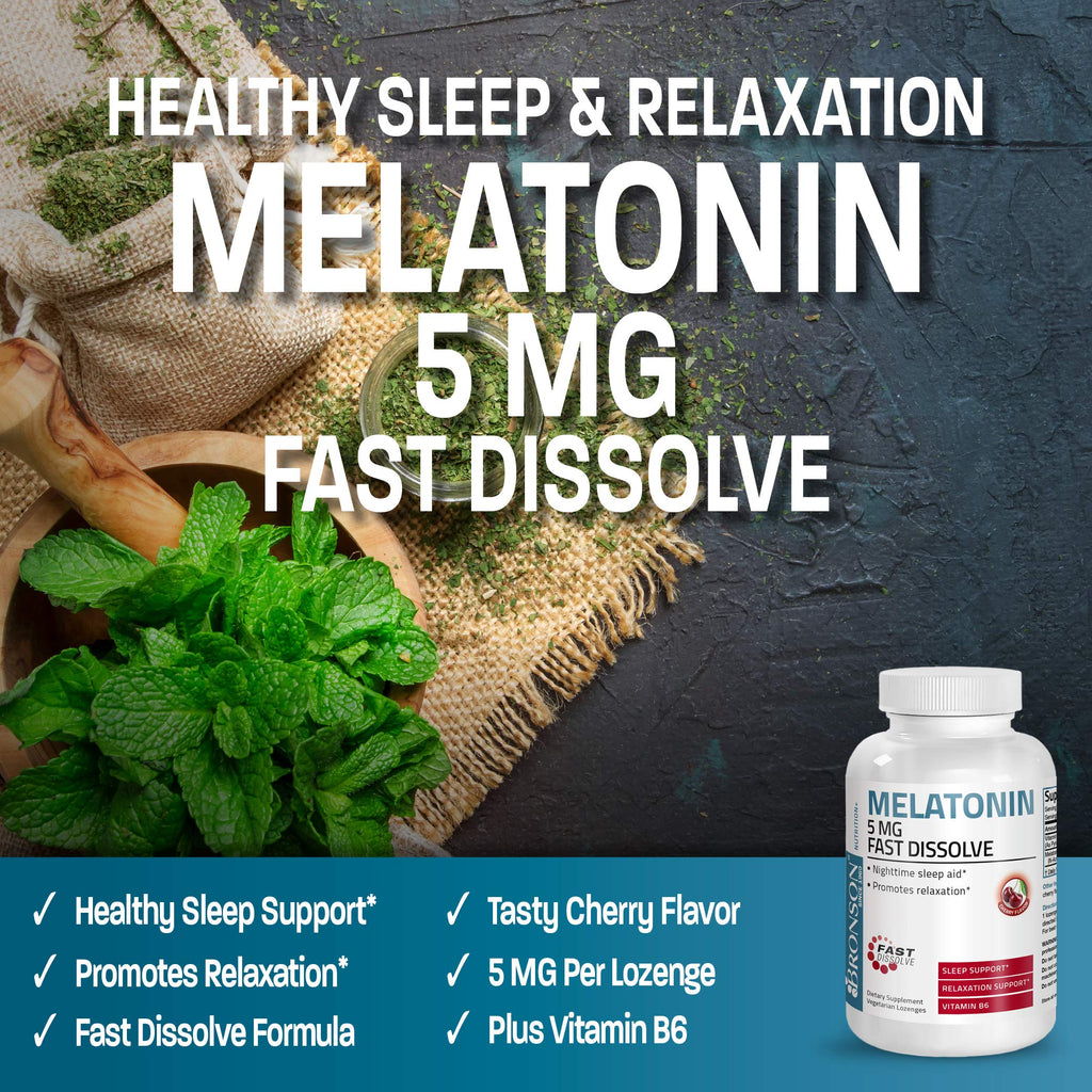 Bronson Melatonin 5mg Fast Dissolve Cherry – 360 Vegetarian Lozenges with Vitamin B6 | Nighttime Sleep Aid