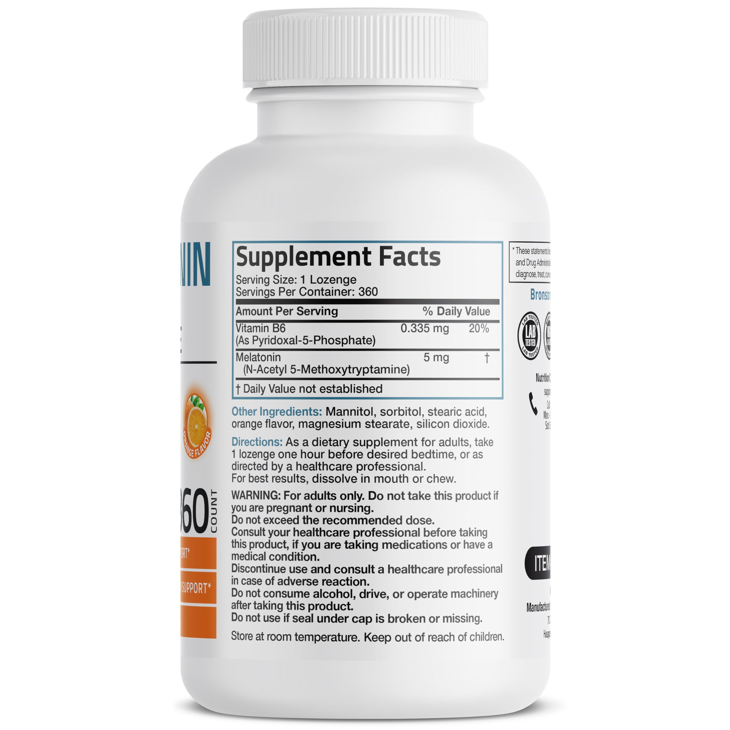 Bronson Melatonin 5mg Fast Dissolve Orange Lozenges with Vitamin B6 - 360 Vegetarian Chewables