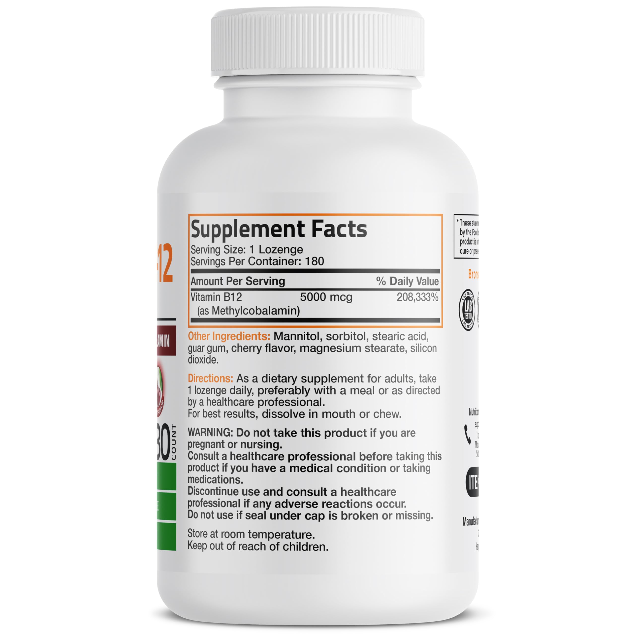 Bronson Methyl B12 5000 mcg | Energy & Brain Support, 180 Lozenges