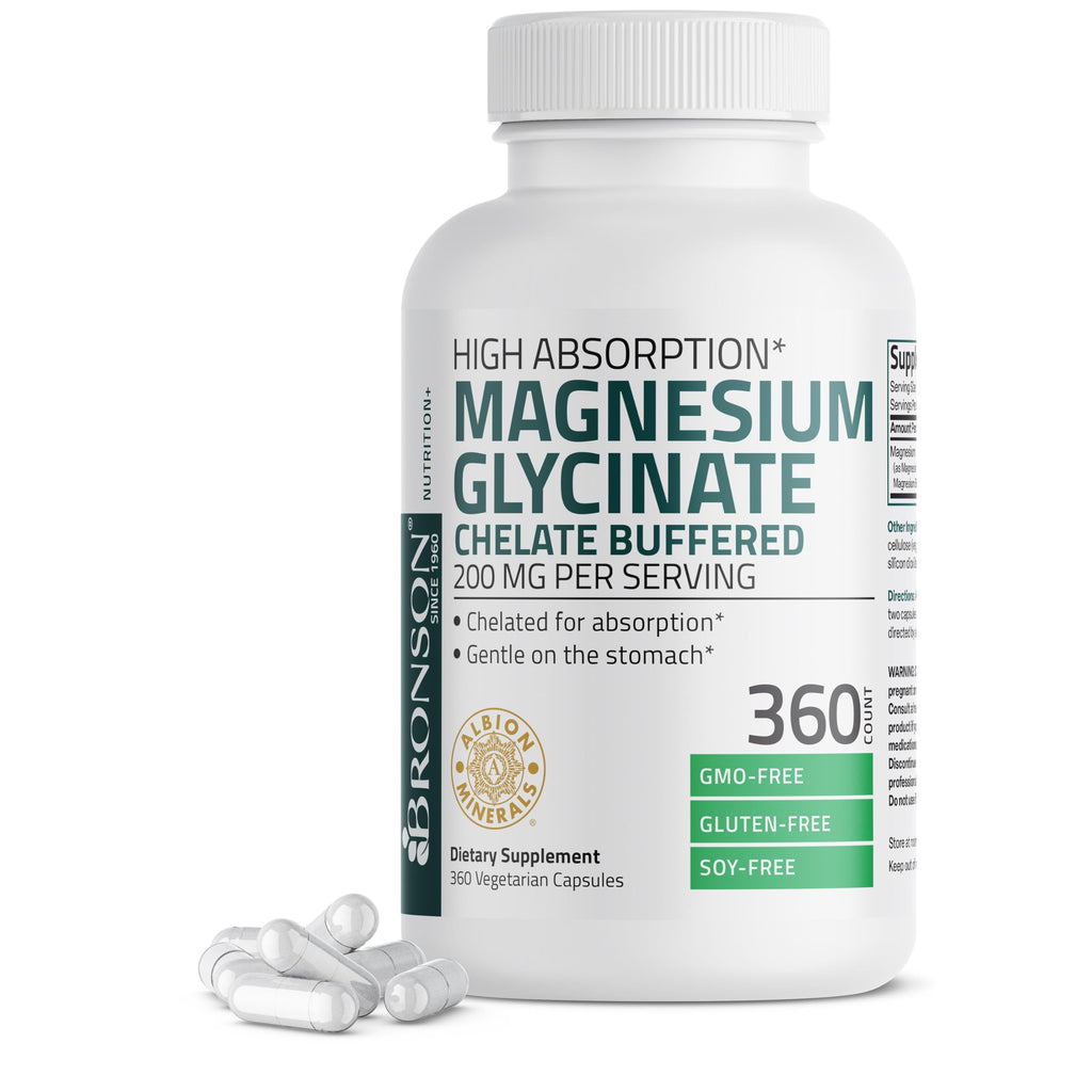Bronson Magnesium Glycinate 200 mg – Chelated for High Absorption, Gentle on Stomach | Non-GMO, 360 Vegetarian Capsules