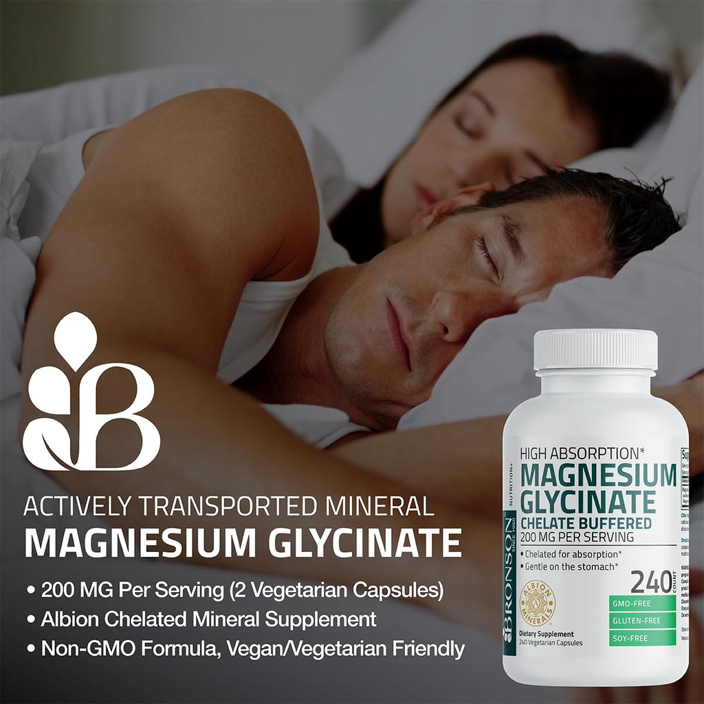 Bronson Magnesium Glycinate 200 mg – Chelated for High Absorption, Gentle on Stomach | Non-GMO, 360 Vegetarian Capsules