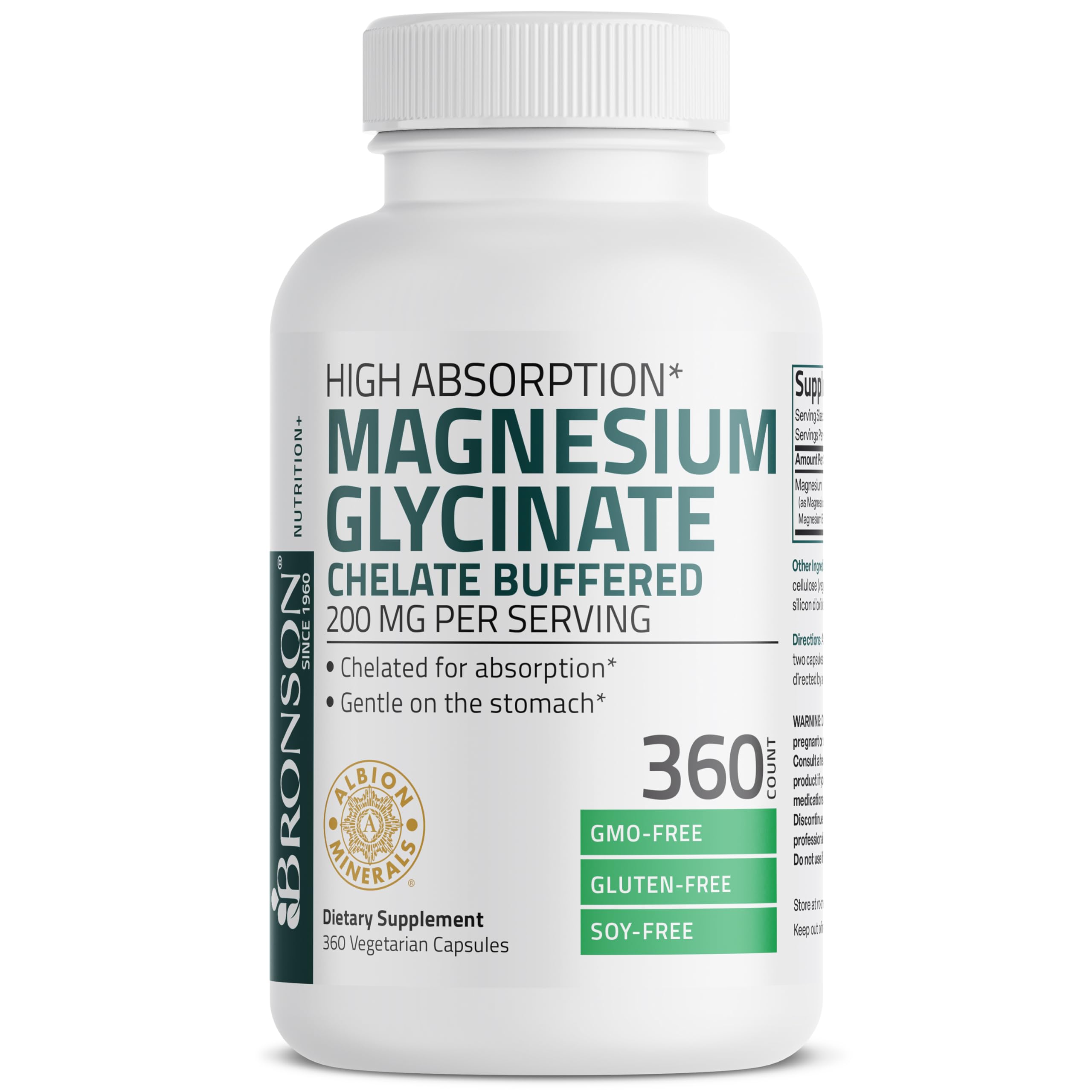 Bronson Magnesium Glycinate 200 mg – Chelated for High Absorption, Gentle on Stomach | Non-GMO, 360 Vegetarian Capsules