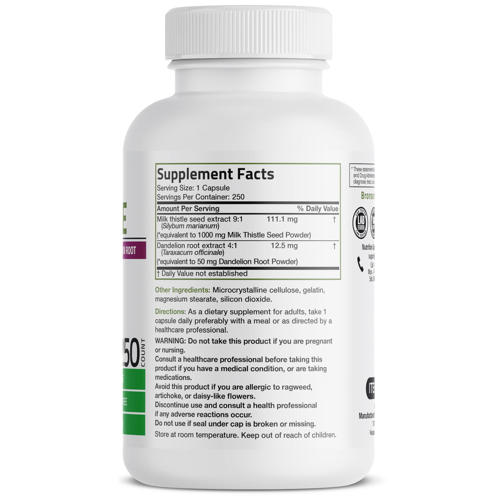 Bronson Milk Thistle Silymarin Marianum & Dandelion Root – Liver Health Support, 250 Capsules