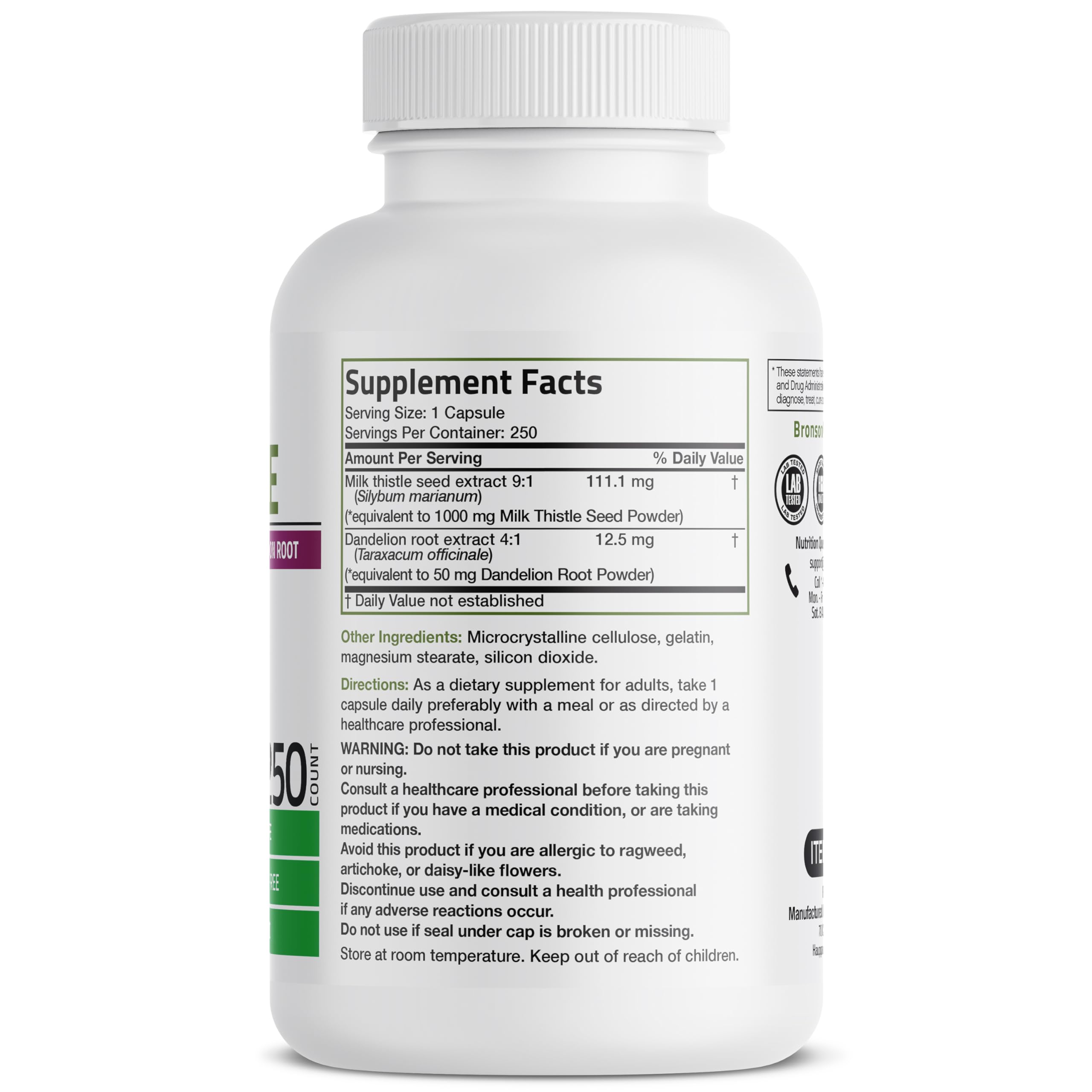 Bronson Milk Thistle Silymarin Marianum & Dandelion Root – Liver Health Support, 250 Capsules