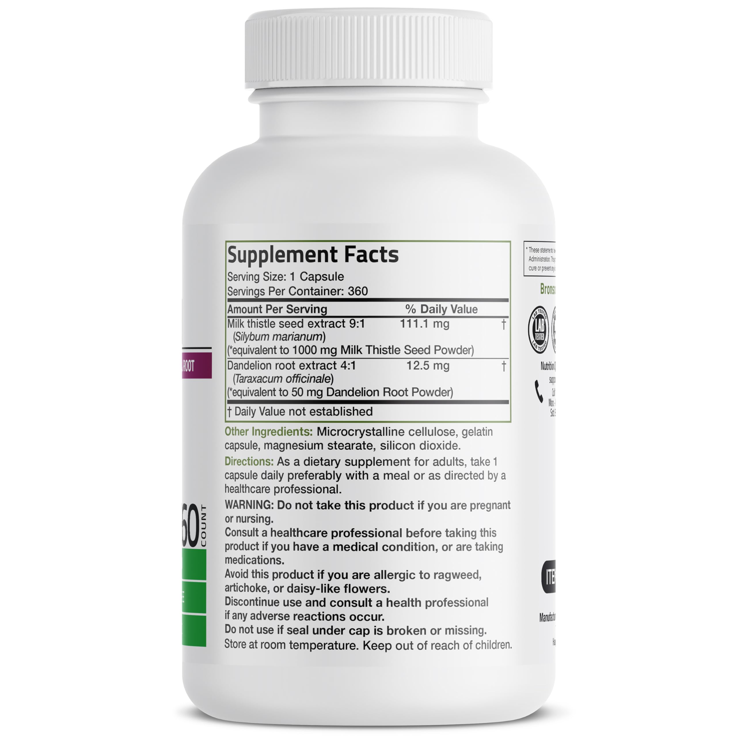 Bronson Milk Thistle Silymarin Marianum & Dandelion Root – Liver Health, Antioxidant Support, Detox | 360 Capsules