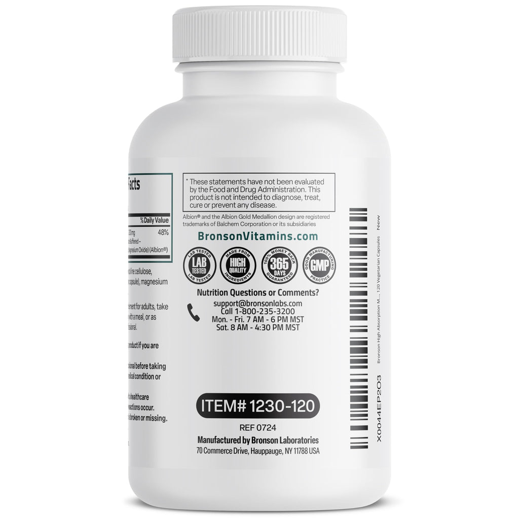 Bronson Magnesium Glycinate 200 mg – Chelated for High Absorption, Gentle on Stomach | Non-GMO, 120 Vegetarian Capsules