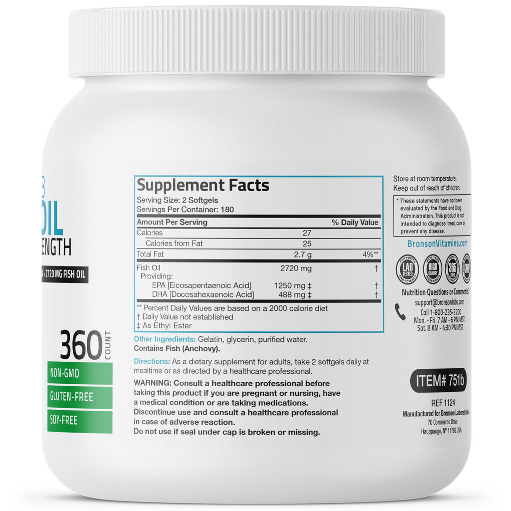 Bronson Omega 3 Fish Oil Triple Strength 2720 mg | High EPA 1250 mg & DHA 488 mg | Non-GMO, Heavy Metal Tested | 360 Softgels