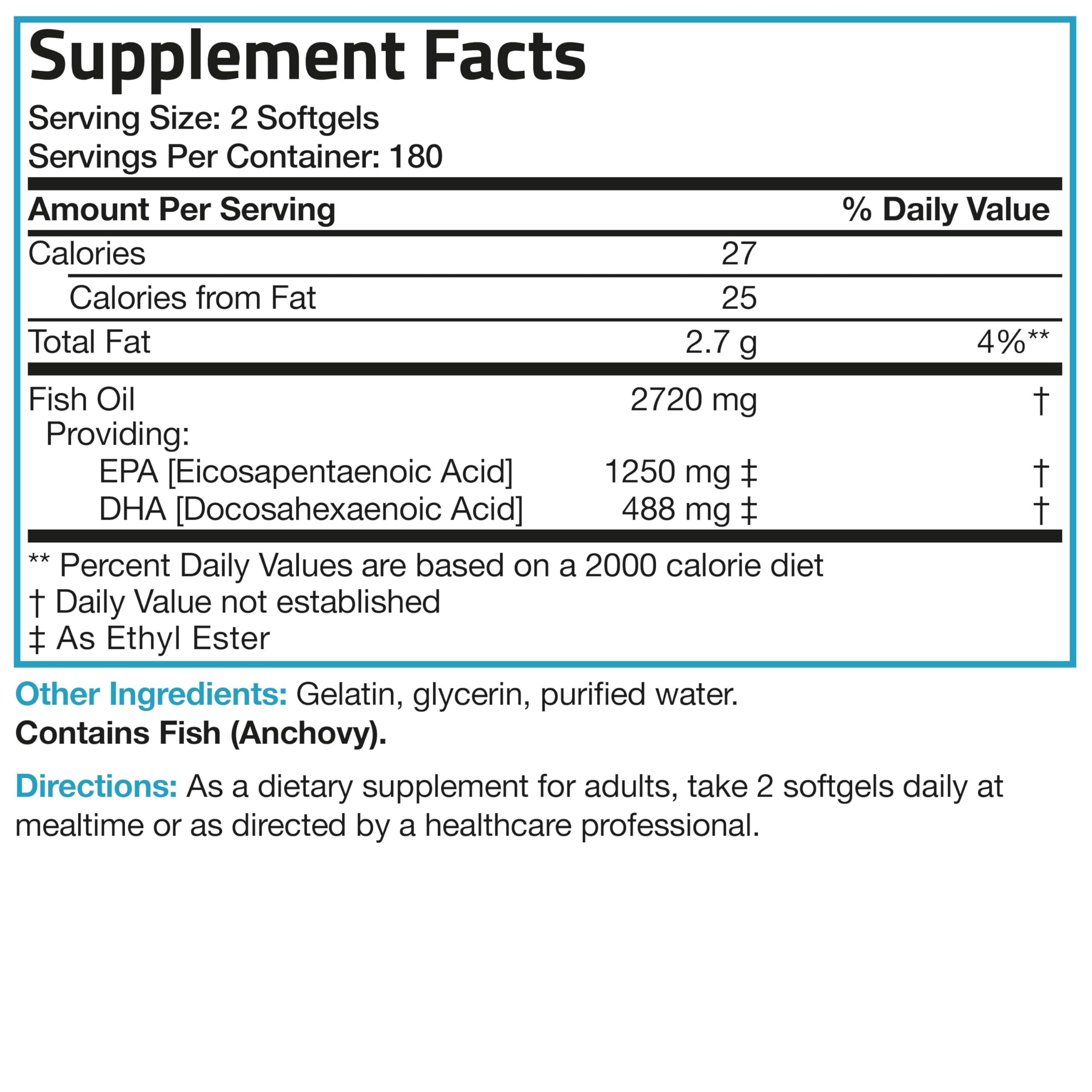 Bronson Omega 3 Fish Oil Triple Strength 2720 mg | High EPA 1250 mg & DHA 488 mg | Non-GMO, Heavy Metal Tested | 360 Softgels