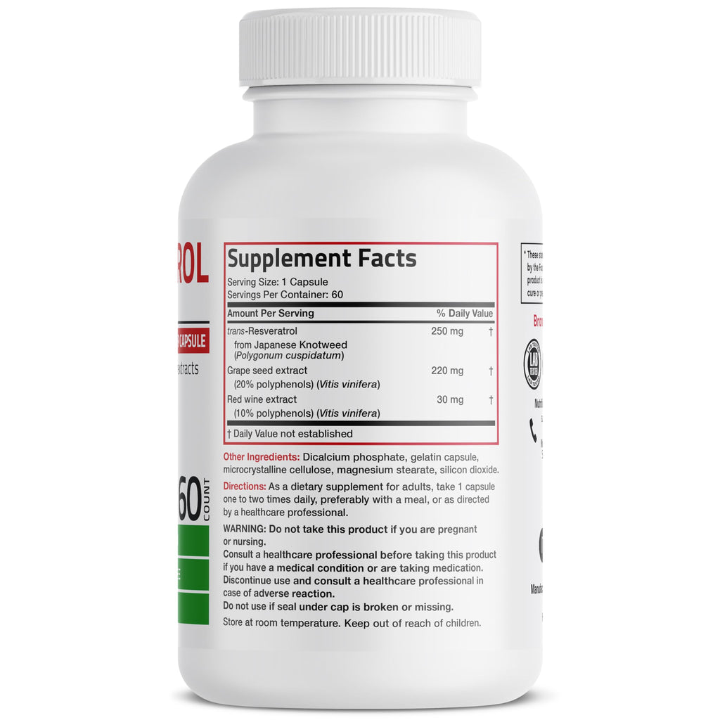 Bronson Resveratrol 500 Complex - Trans-Resveratrol + Grape Seed & Red Wine Extract, 60 Capsules