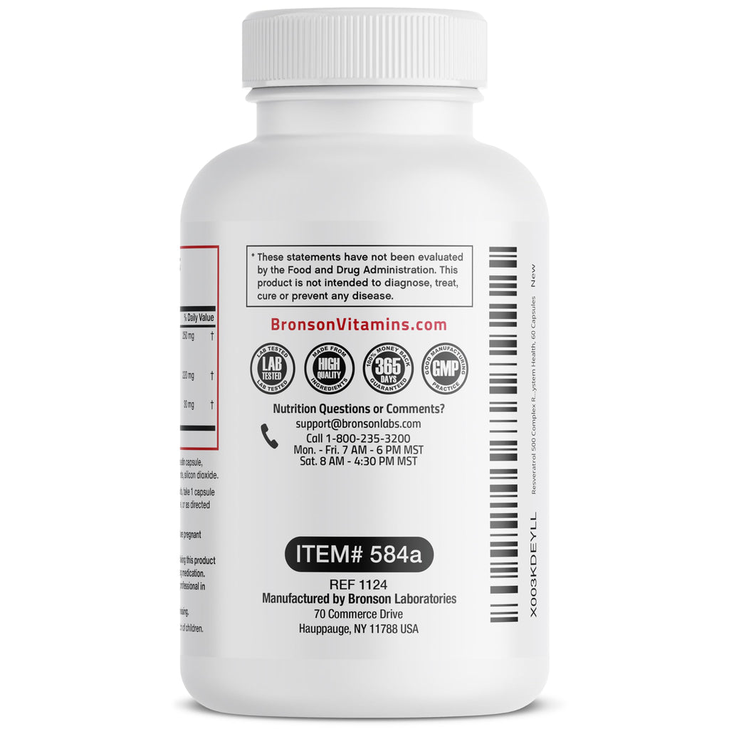 Bronson Resveratrol 500 Complex - Trans-Resveratrol + Grape Seed & Red Wine Extract, 60 Capsules