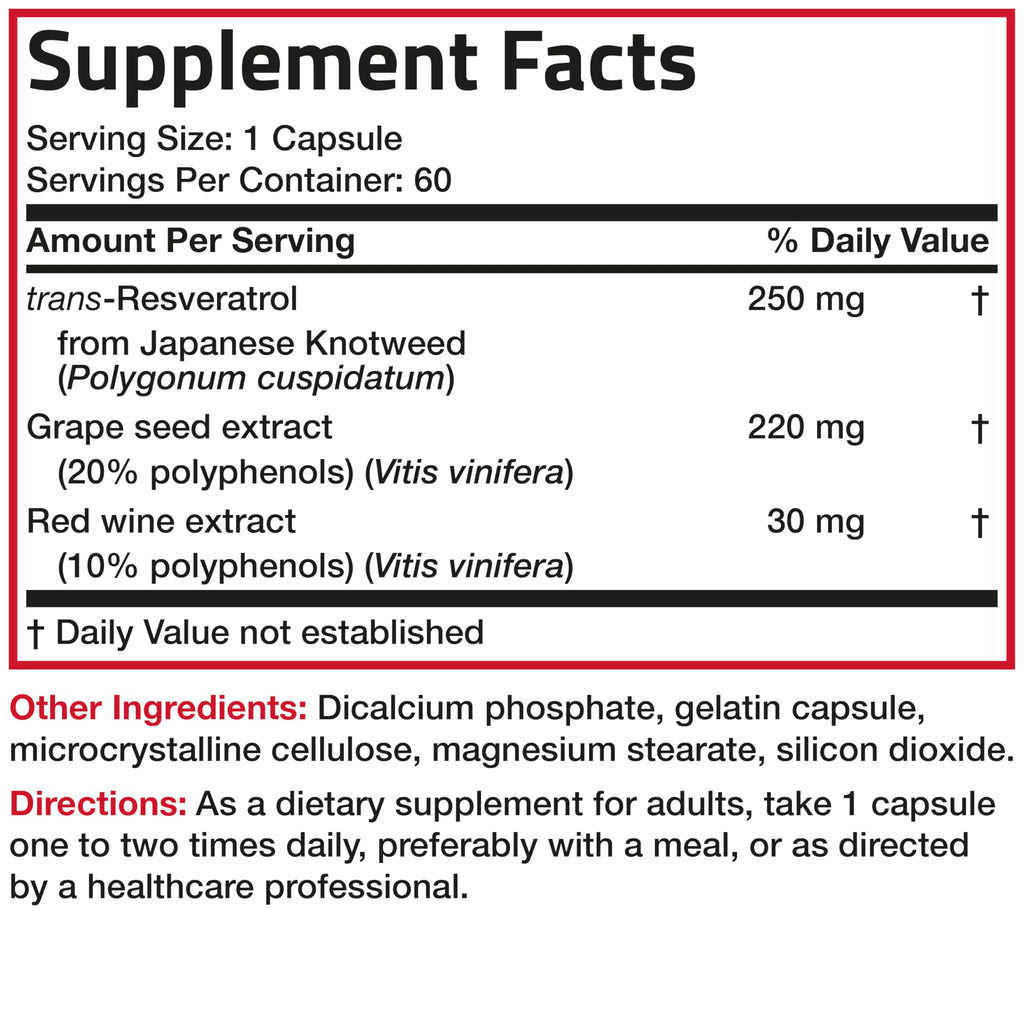 Bronson Resveratrol 500 Complex - Trans-Resveratrol + Grape Seed & Red Wine Extract, 60 Capsules