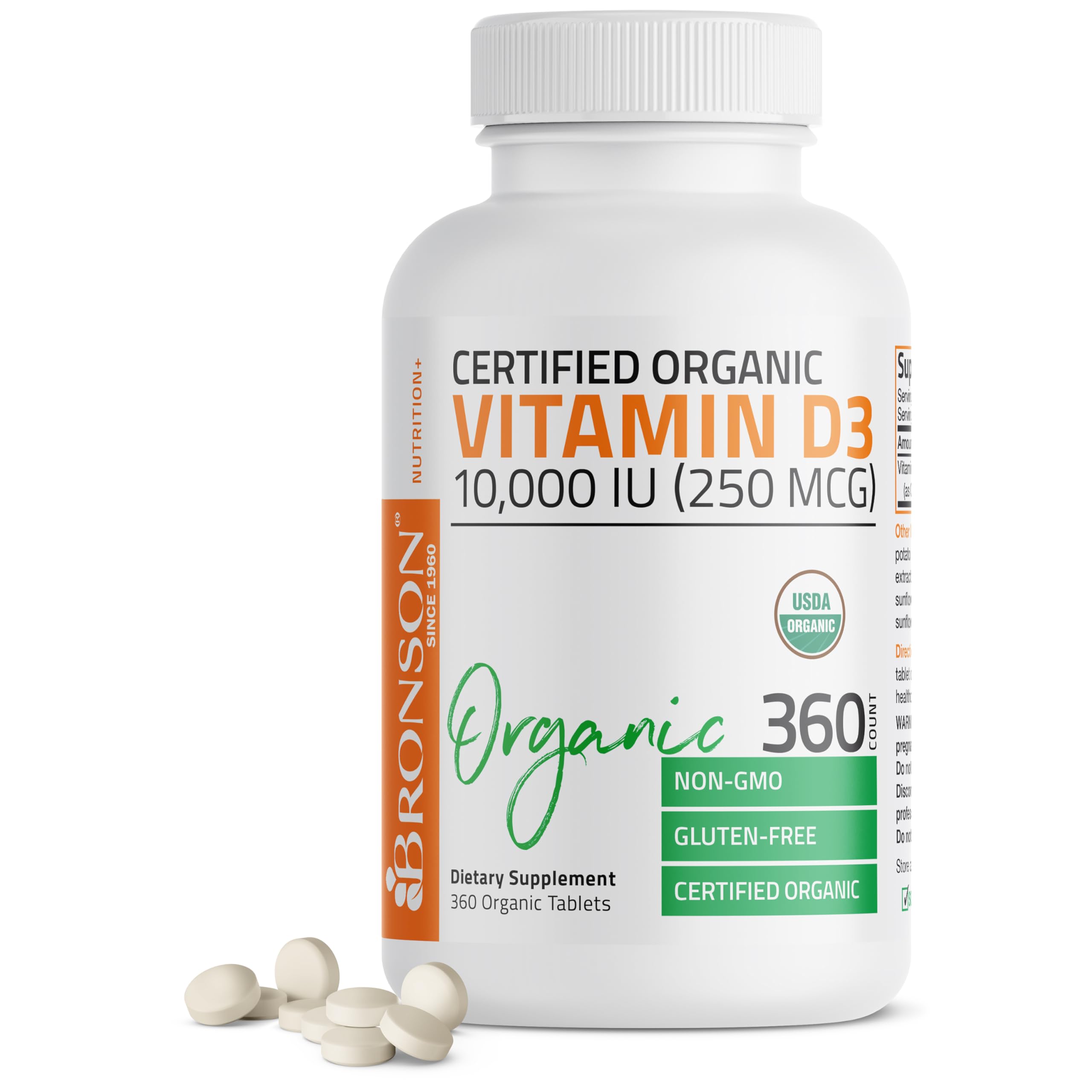 Bronson Vitamin D3 10,000 IU Organic - 360 Tablets | Non-GMO