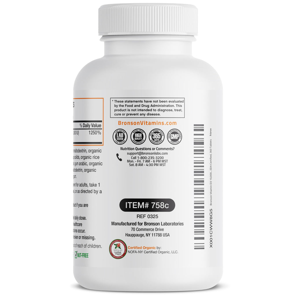 Bronson Vitamin D3 10,000 IU Organic - 360 Tablets | Non-GMO