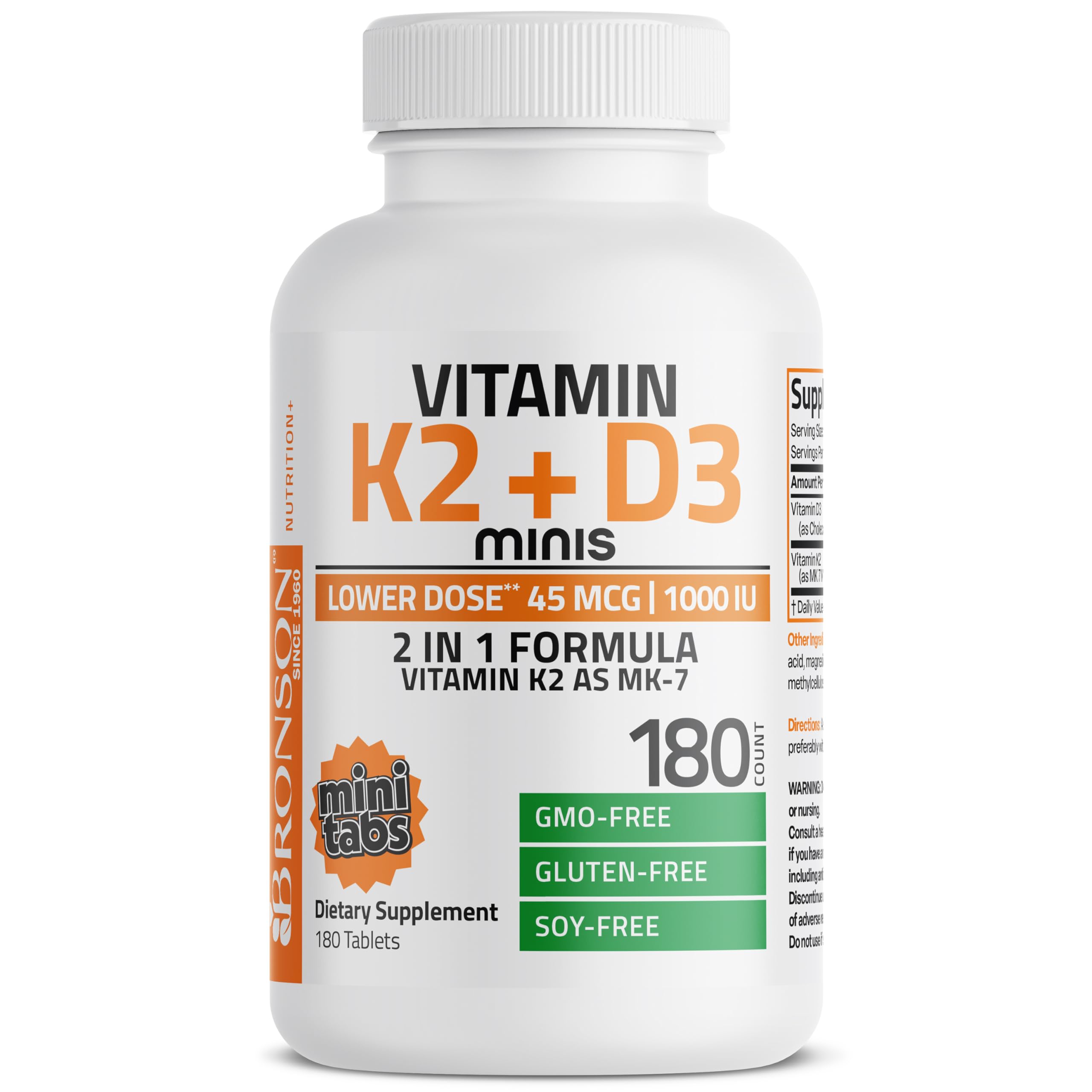 Bronson Vitamin K2 MK-7 with D3 Minis (180 Mini Tablets) - 45 mcg K2, 1000 IU D3