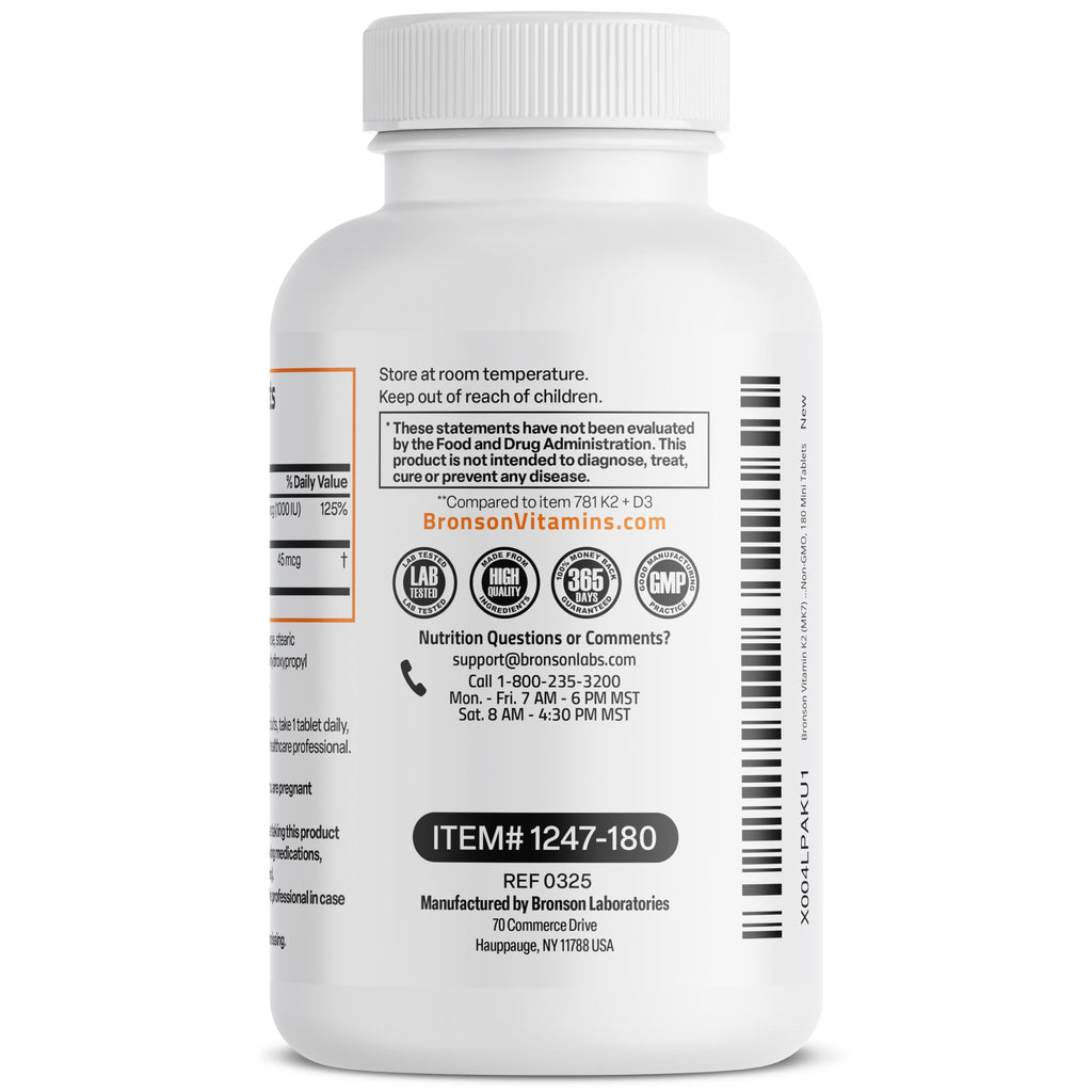 Bronson Vitamin K2 MK-7 with D3 Minis (180 Mini Tablets) - 45 mcg K2, 1000 IU D3