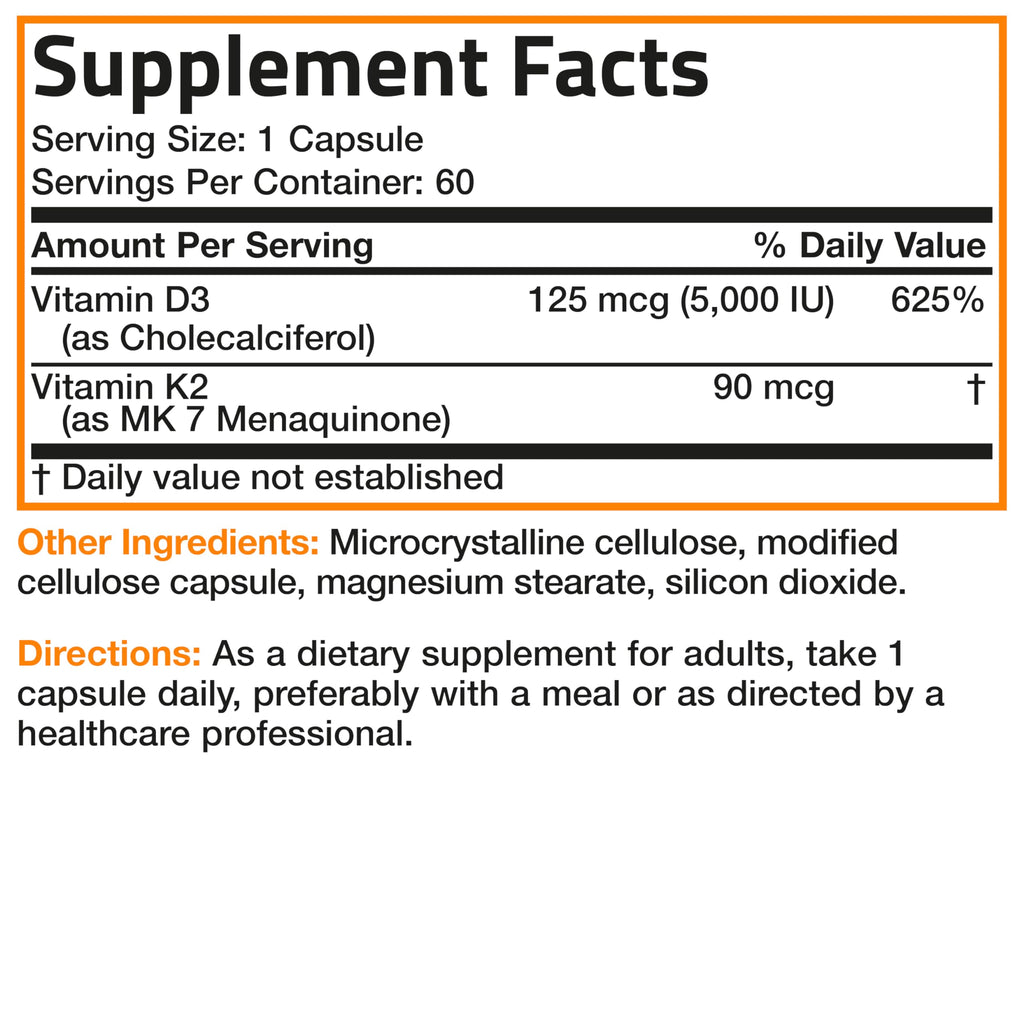 Bronson Vitamin K2 D3 (MK-7) Supplement – 60 Capsules | Non-GMO