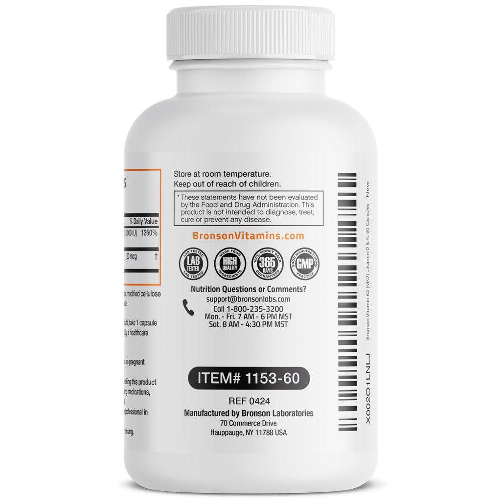 Bronson Vitamin K2 MK-7 with D3 Extra Strength — 60 Caps, Non-GMO