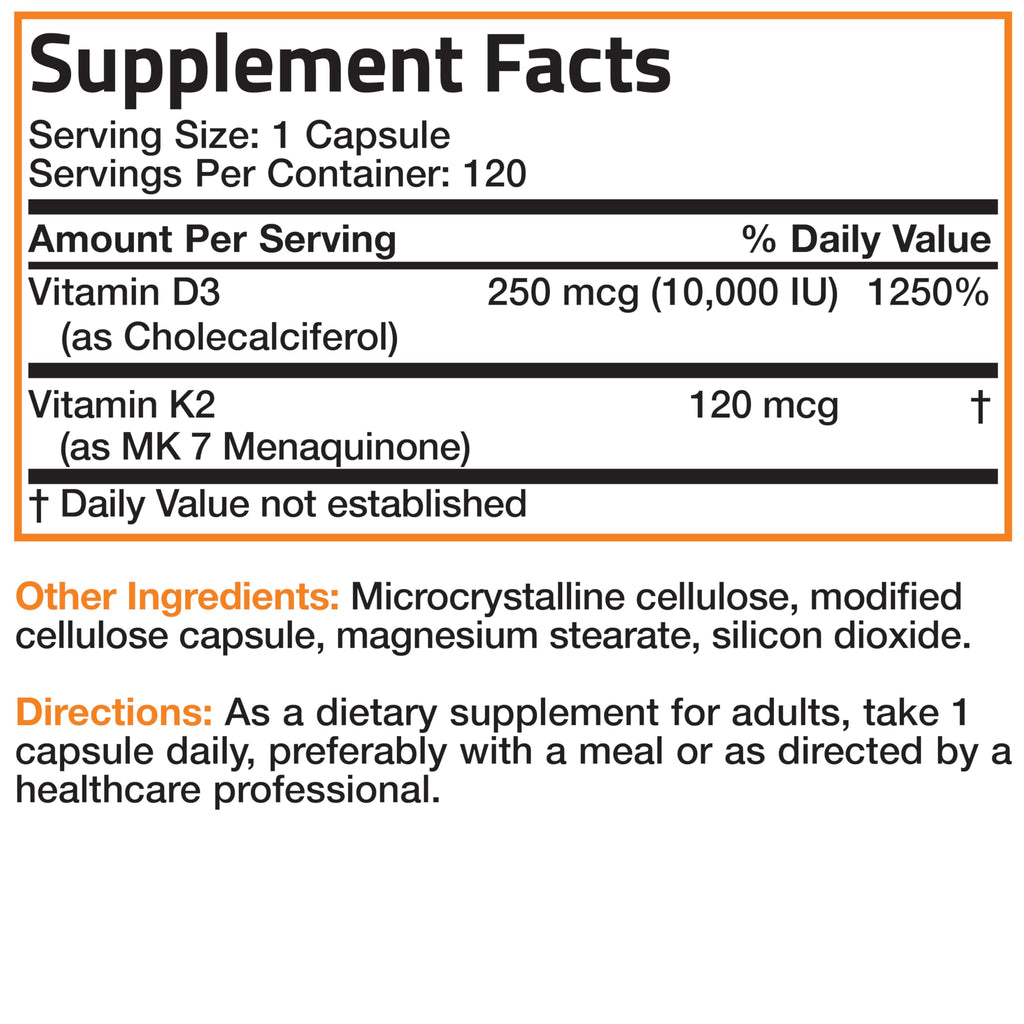 Bronson Vitamin K2 MK-7 with D3 Extra Strength – 10,000 IU D3, 120 mcg K2 MK-7, 120 Capsules