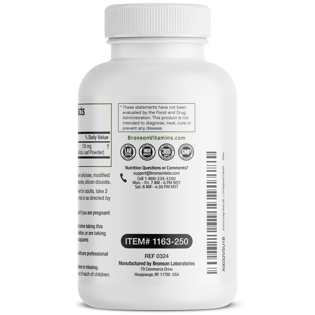 Bronson Ginkgo Biloba Extra Strength Supports Brain Function & Memory Support, 250 Vegetarian Capsules