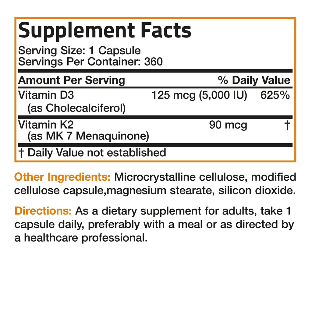 Bronson Vitamin K2 MK-7 with D3 – Non-GMO, 360 Capsules, 5000 IU D3