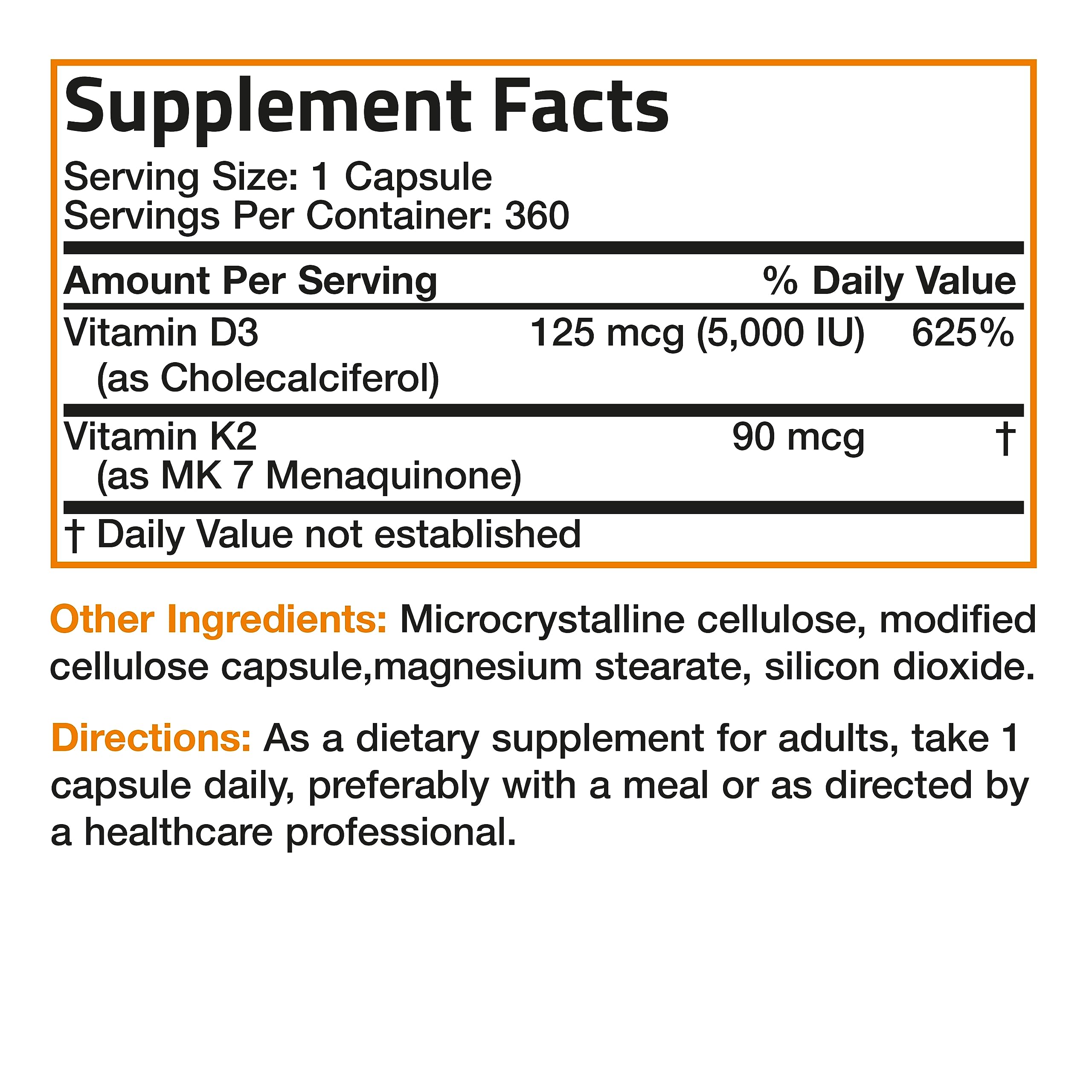 Bronson Vitamin K2 MK-7 with D3 – Non-GMO, 360 Capsules, 5000 IU D3