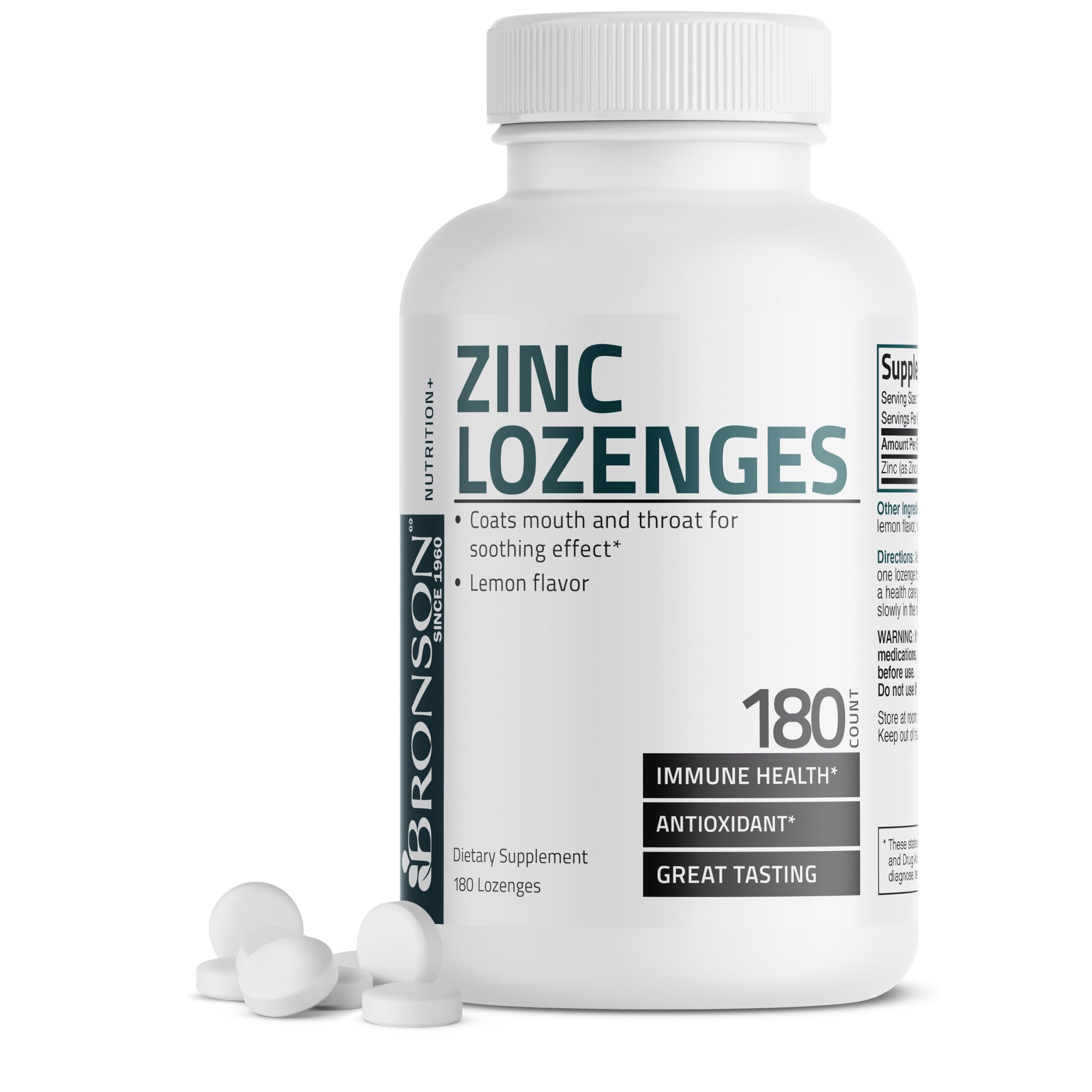 Bronson Zinc Lozenges Lemon Flavor - Immune Support & Antioxidant (180 Chewable Tablets)