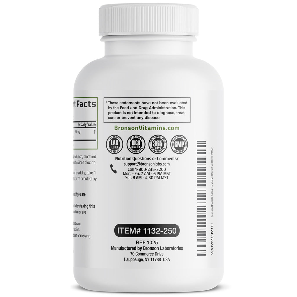 Bronson Rhodiola Rosea Vegetarian Capsules - Adaptogenic Brain & Mood Support | Non-GMO 250 Count