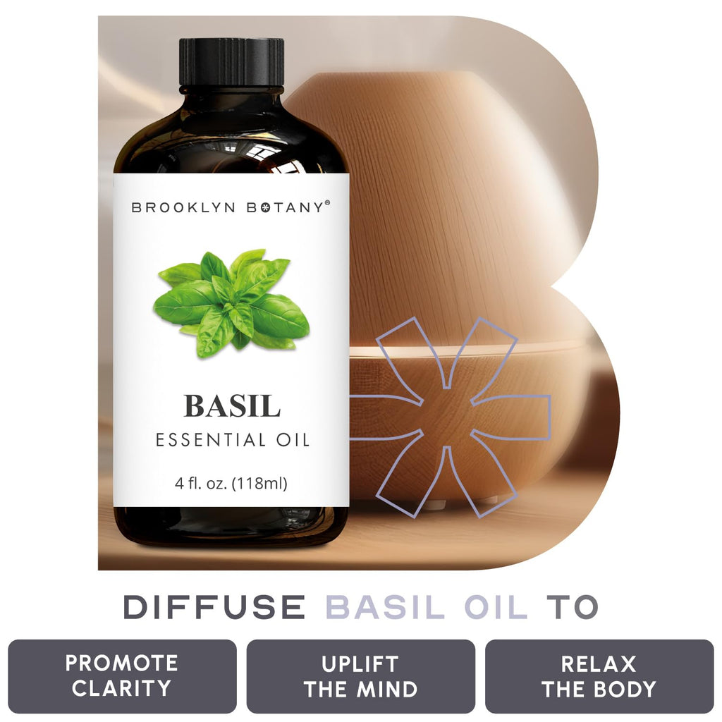 Brooklyn Botany Basil Essential Oil - 4 Fl Oz | 100% Pure & Natural, Premium Grade with Dropper