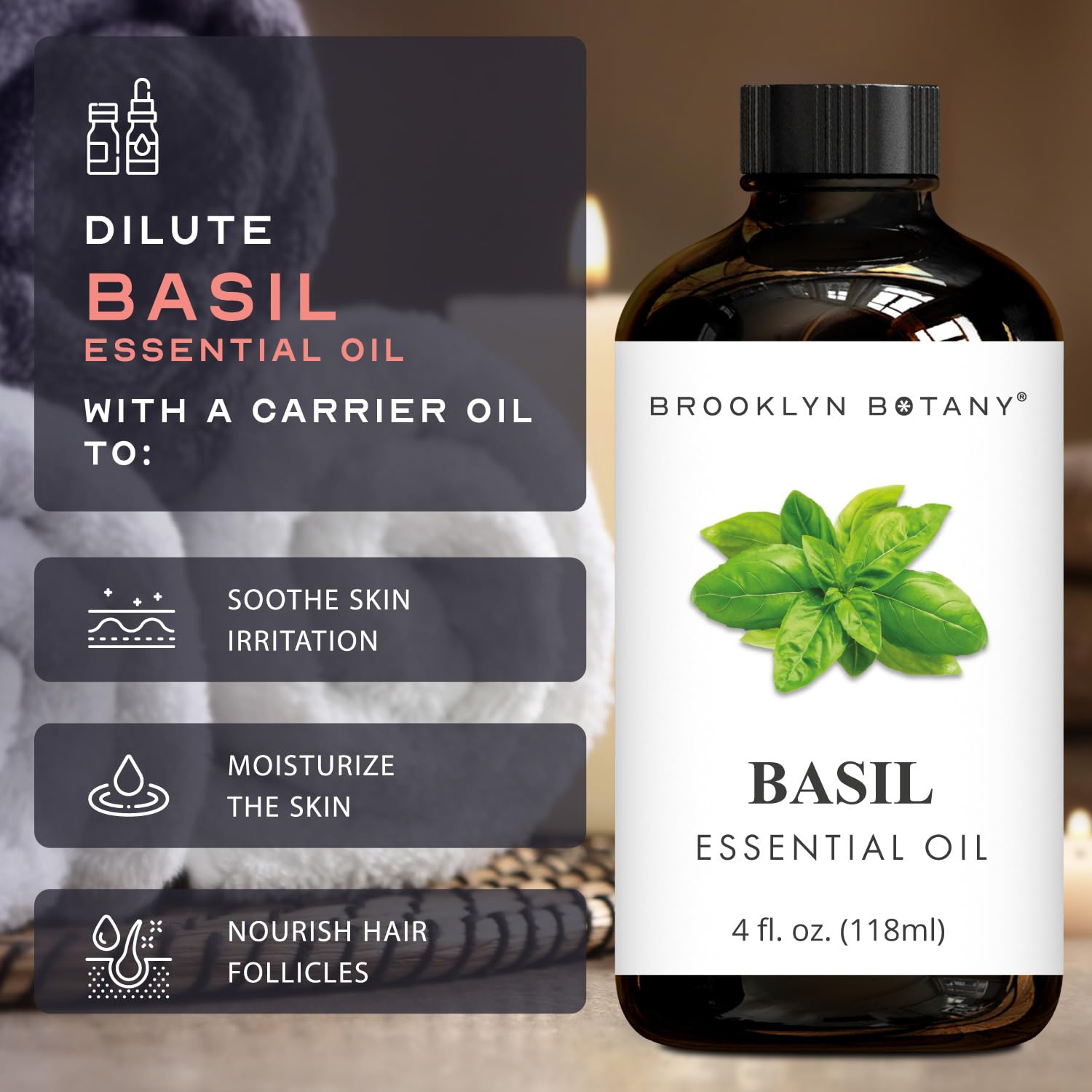 Brooklyn Botany Basil Essential Oil - 4 Fl Oz | 100% Pure & Natural, Premium Grade with Dropper