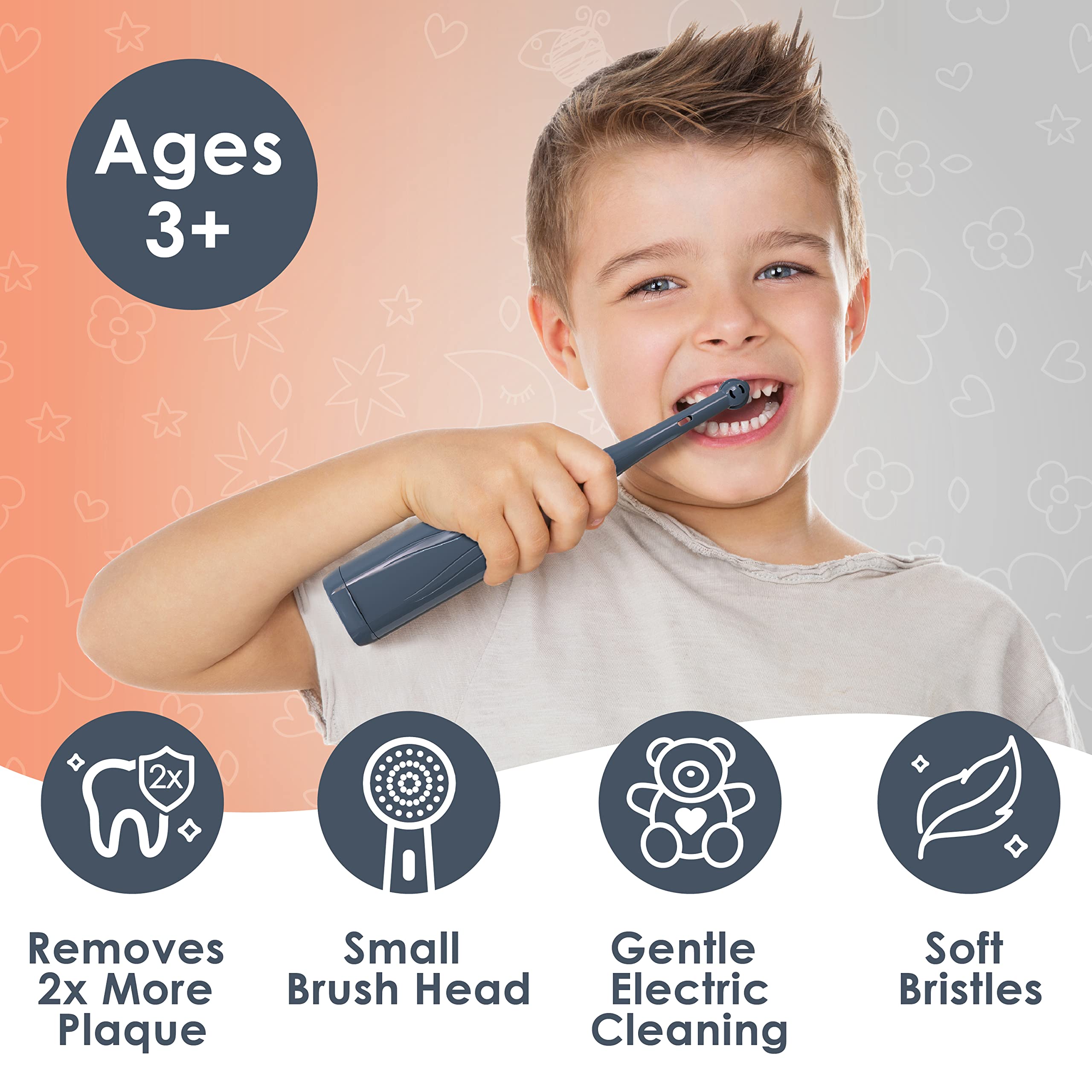 Brusheez Kids Electric Toothbrush Set - Safe for Ages 3+ | 2 Heads, Timer, Storage (Shadow The Shark)