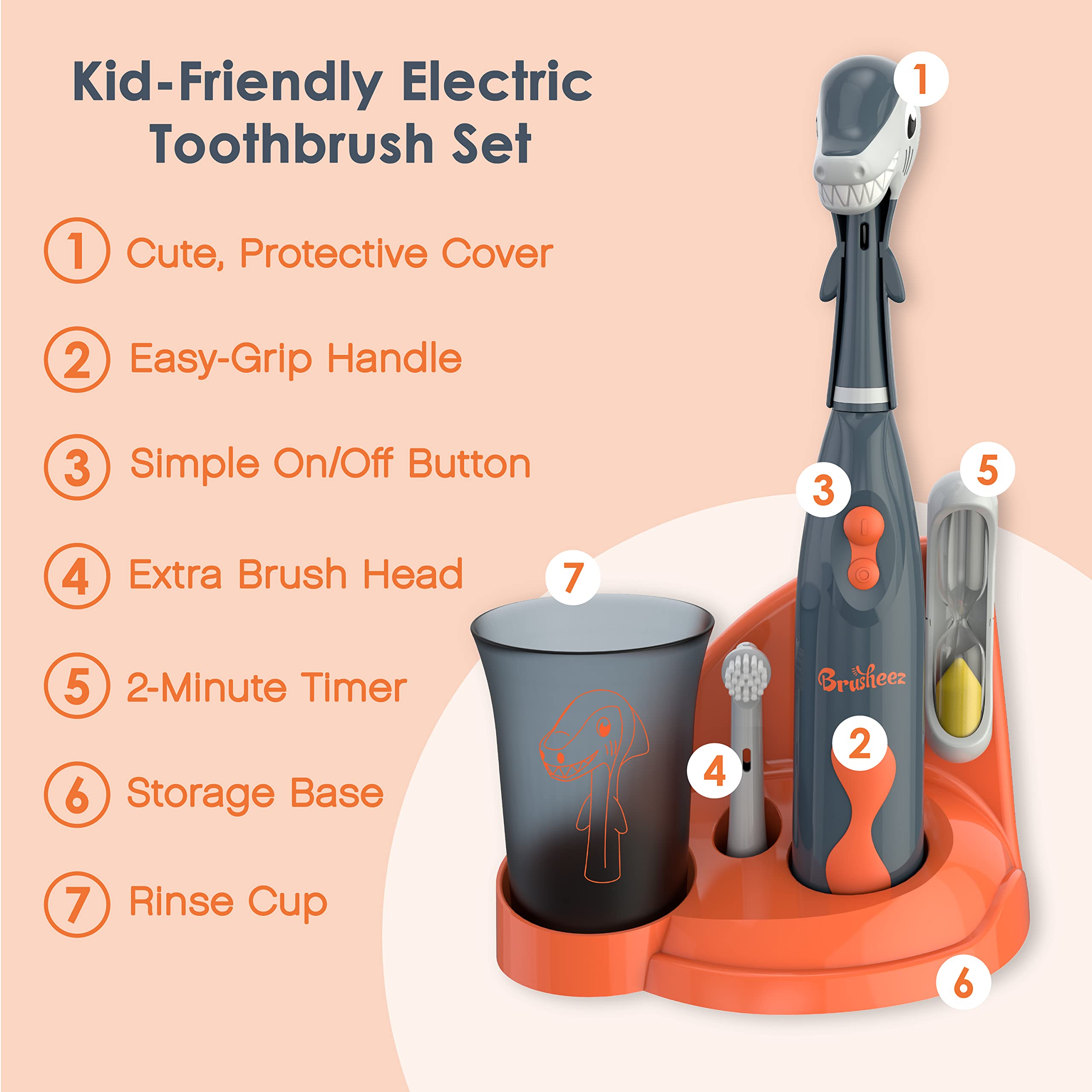 Brusheez Kids Electric Toothbrush Set - Safe for Ages 3+ | 2 Heads, Timer, Storage (Shadow The Shark)