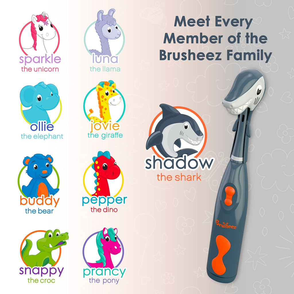 Brusheez Kids Electric Toothbrush Set - Safe for Ages 3+ | 2 Heads, Timer, Storage (Shadow The Shark)
