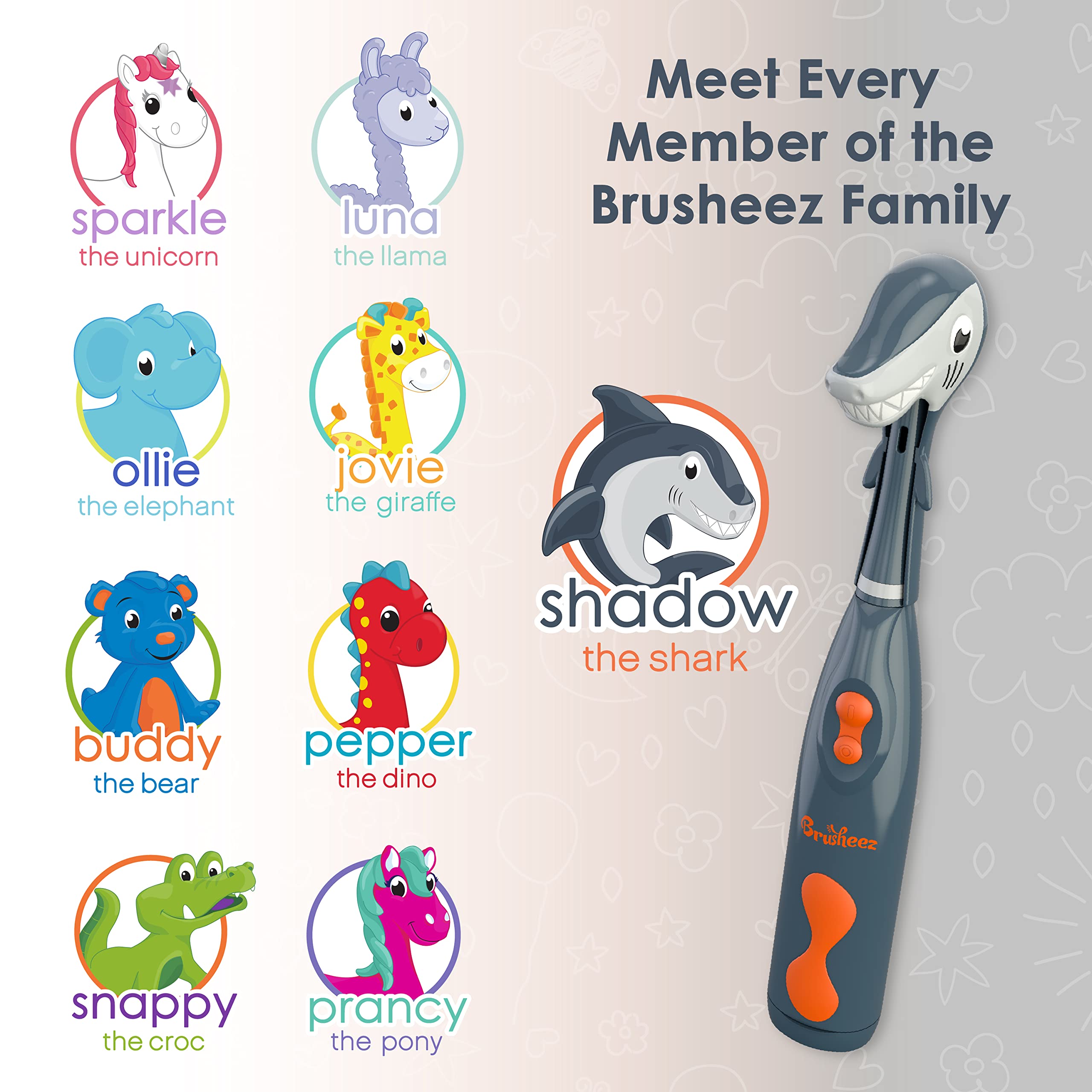Brusheez Kids Electric Toothbrush Set - Safe for Ages 3+ | 2 Heads, Timer, Storage (Shadow The Shark)