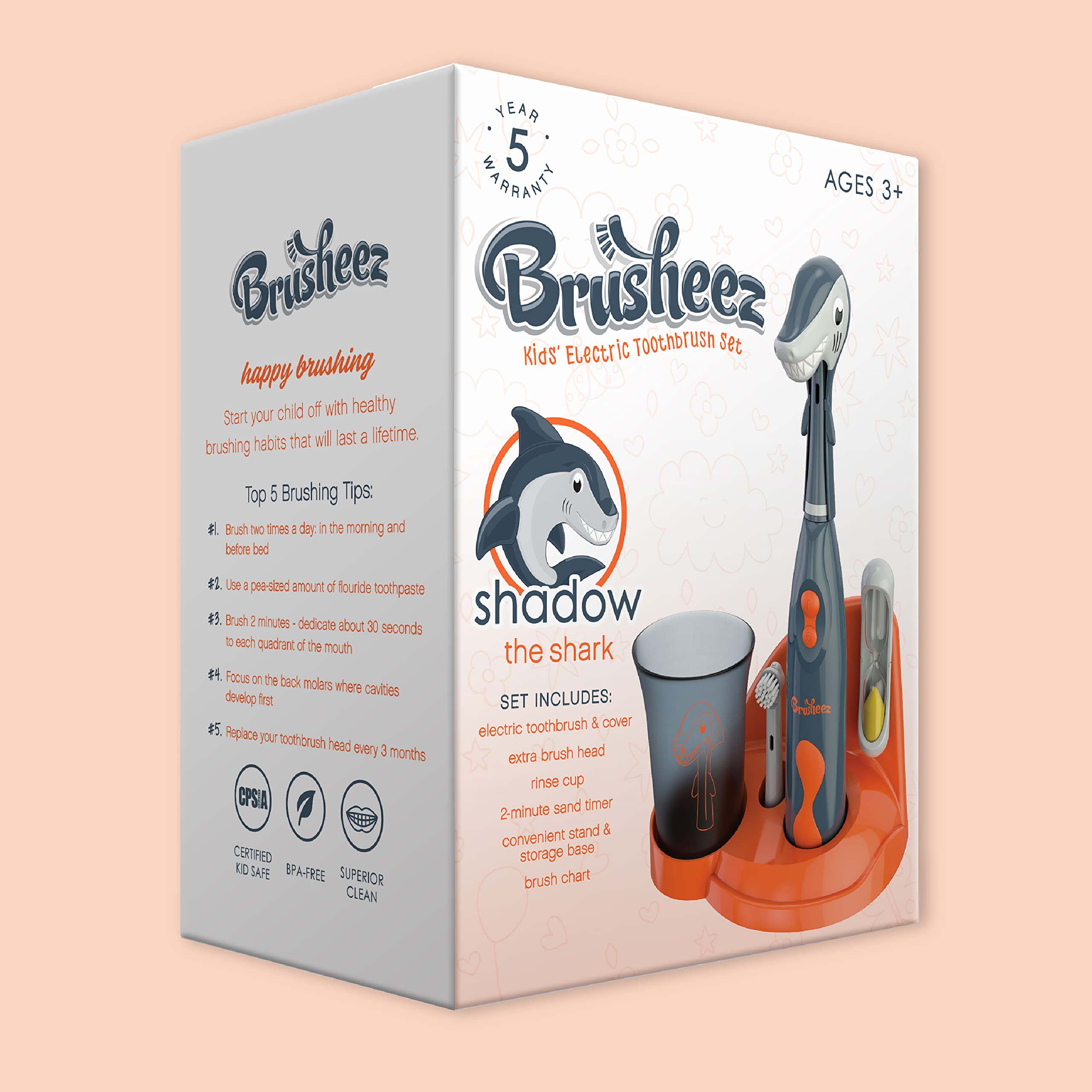 Brusheez Kids Electric Toothbrush Set - Safe for Ages 3+ | 2 Heads, Timer, Storage (Shadow The Shark)