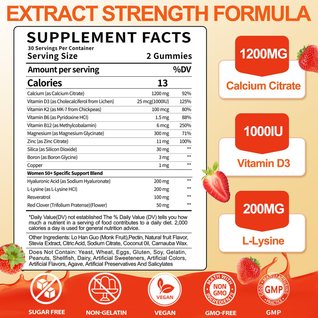 BSSTABBON 50+ Women’s Calcium Citrate Gummies – 1200mg, Vegan, D3/K2, Bone & Immune Support