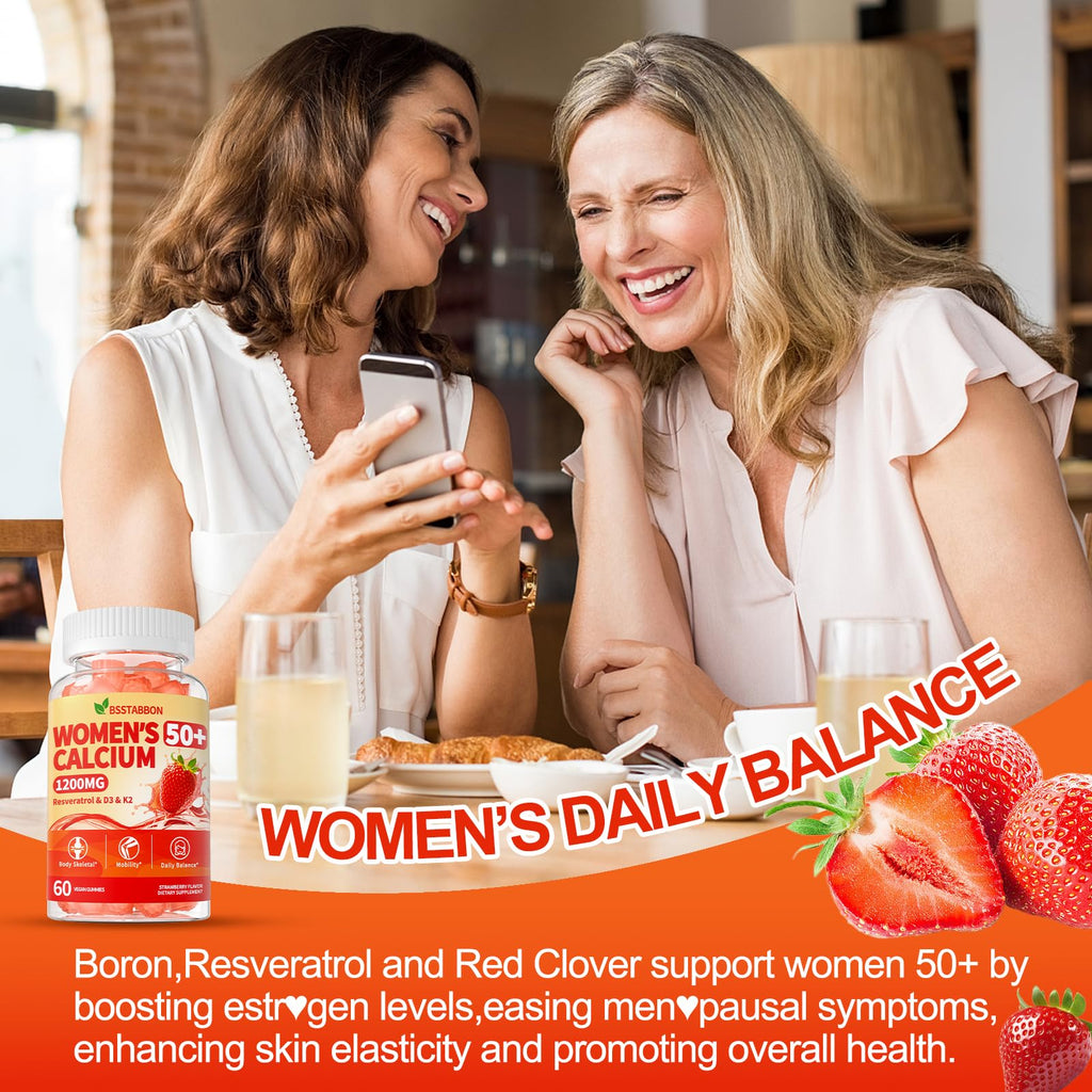 BSSTABBON 50+ Women’s Calcium Citrate Gummies – 1200mg, Vegan, D3/K2, Bone & Immune Support