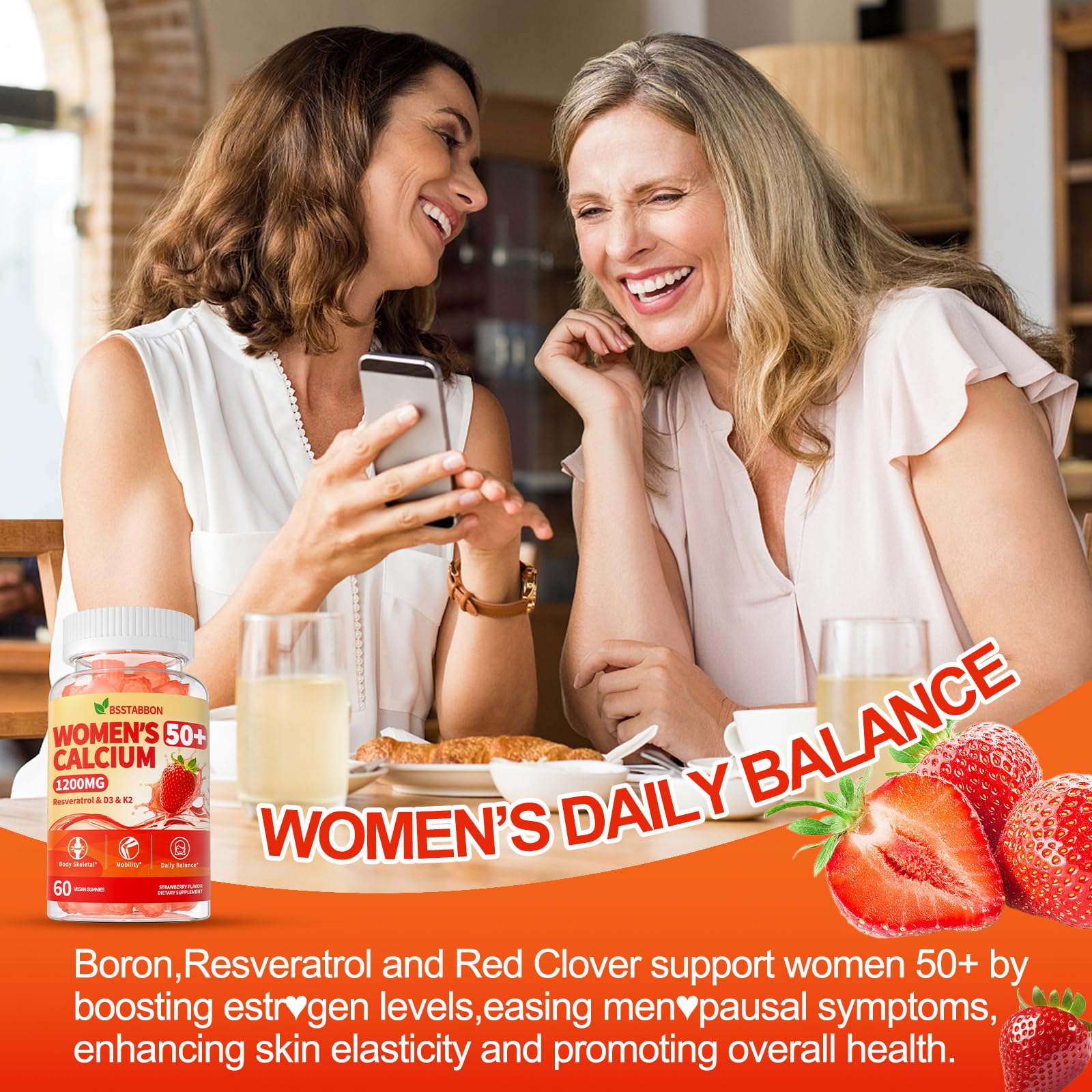 BSSTABBON 50+ Women’s Calcium Citrate Gummies – 1200mg, Vegan, D3/K2, Bone & Immune Support