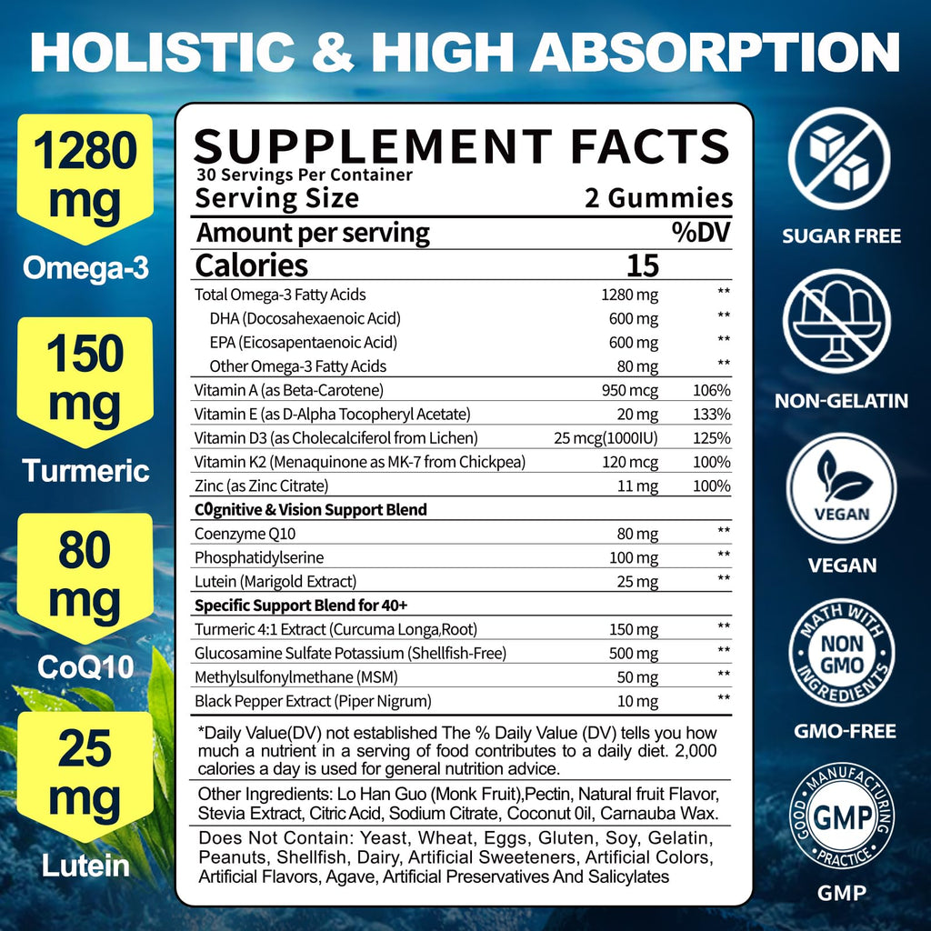 BSSTABBON Omega-3 Gummies for Adults 40+ – 1280mg Vegan EPA/DHA + D3 K2 Zinc Turmeric, 120 Count