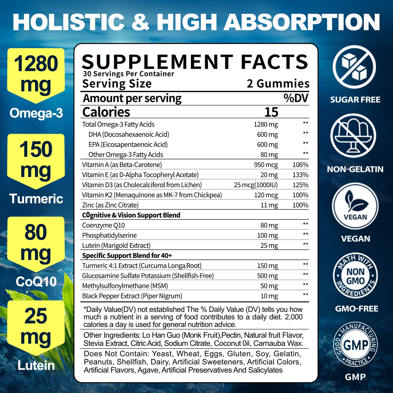 BSSTABBON Omega-3 Gummies for Adults 40+ – 1280mg Vegan EPA/DHA + D3 K2 Zinc Turmeric, 120 Count
