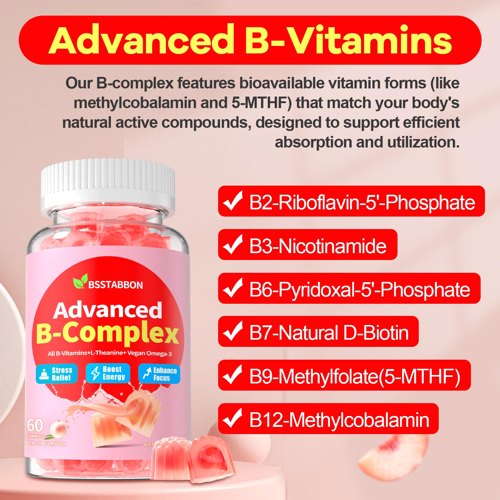 BSSTABBON Organic Methylated B Gummies – Energy Support (120 ct)