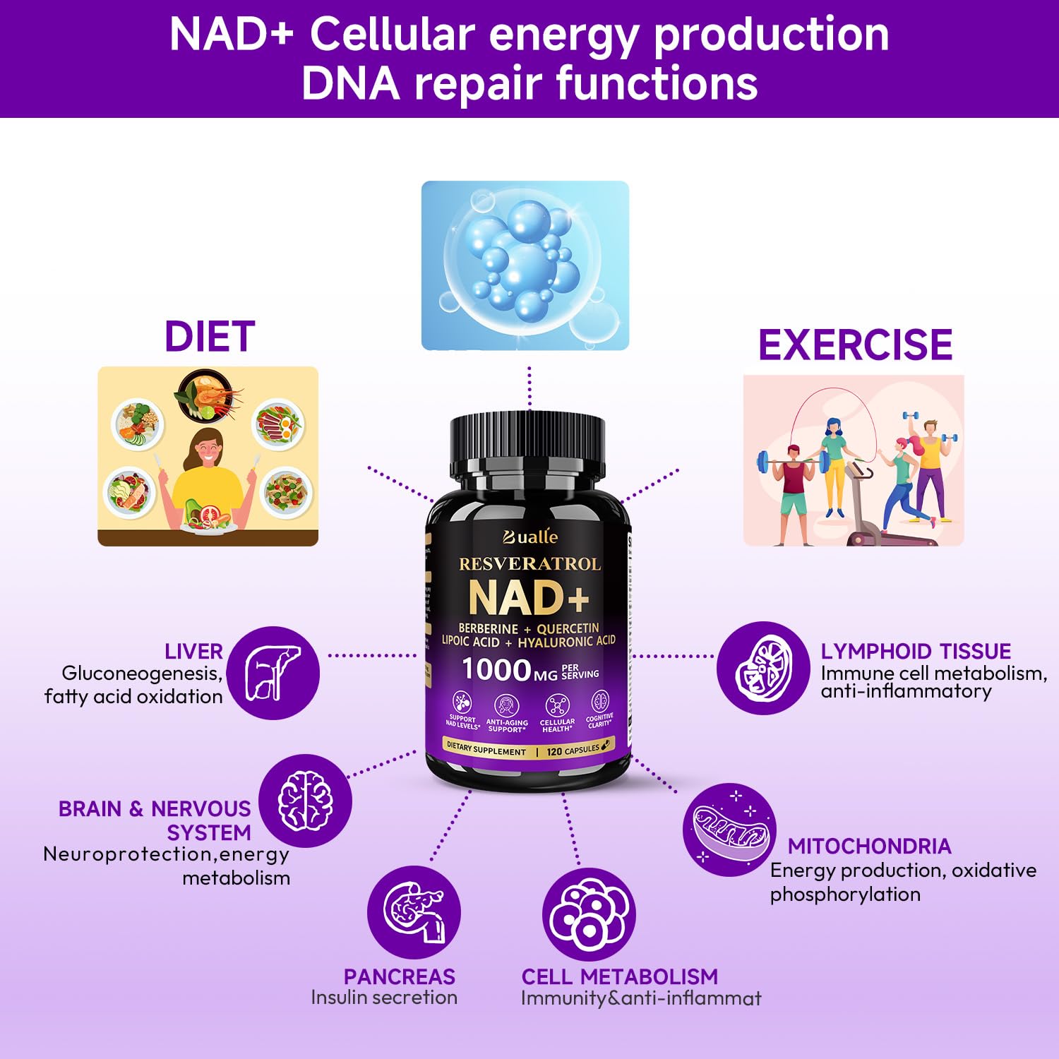 Bualle NAD Liposomal Supplement | Joint Support & Anti-Aging | 120 Capsules