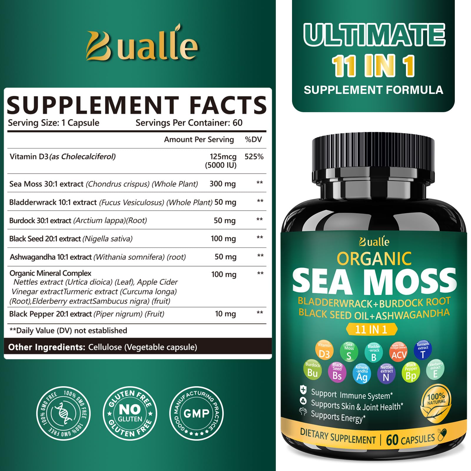 Bualle Organic Sea Moss Capsules with Black Seed Oil & Ashwagandha – 60 Capsules