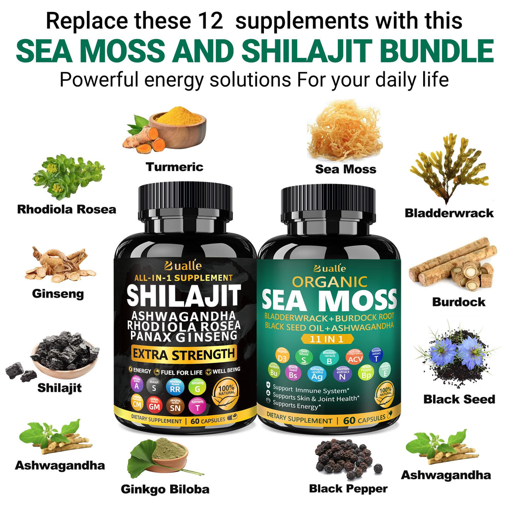 Bualle Organic Sea Moss for Women & Shilajit for Men – 12-in-1 Plant-Powered Wellness (120 Vegan Capsules)