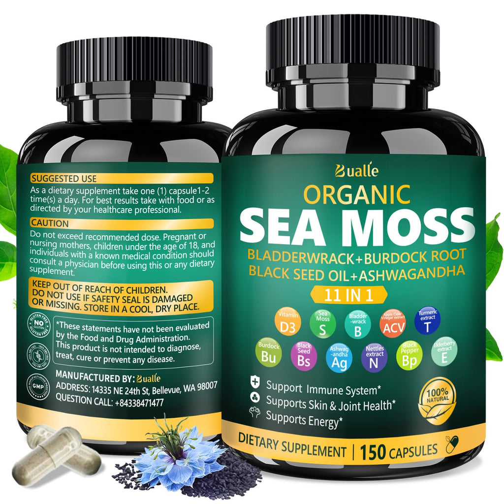 Bualle Irish Sea Moss Capsules – Organic Sea Moss & Black Seed Oil – 150 Capsules