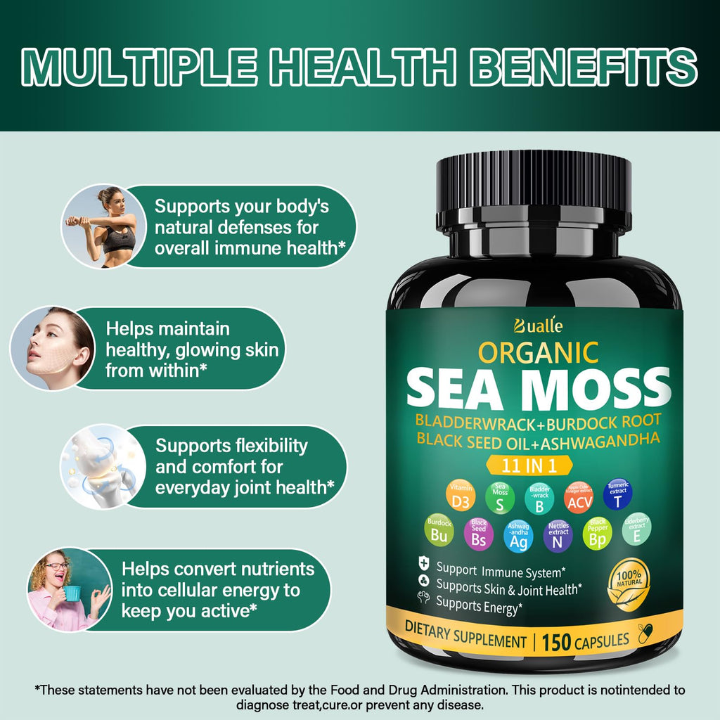 Bualle Irish Sea Moss Capsules – Organic Sea Moss & Black Seed Oil – 150 Capsules